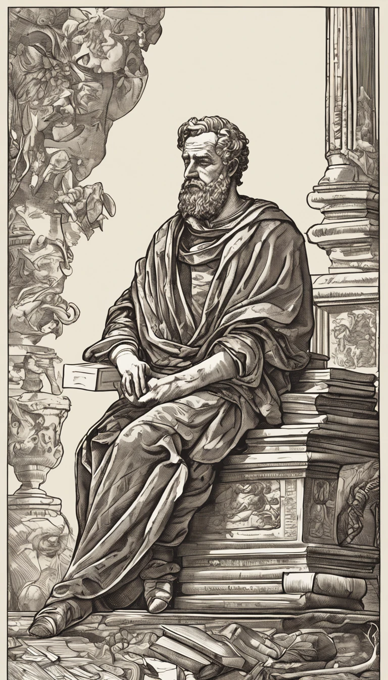 An animation of old books opening up, revealing illustrations by Marcus Aurelius, o imperador romano. He's sitting at his desk, escrevendo suas "Meditations" with a thoughtful expression.