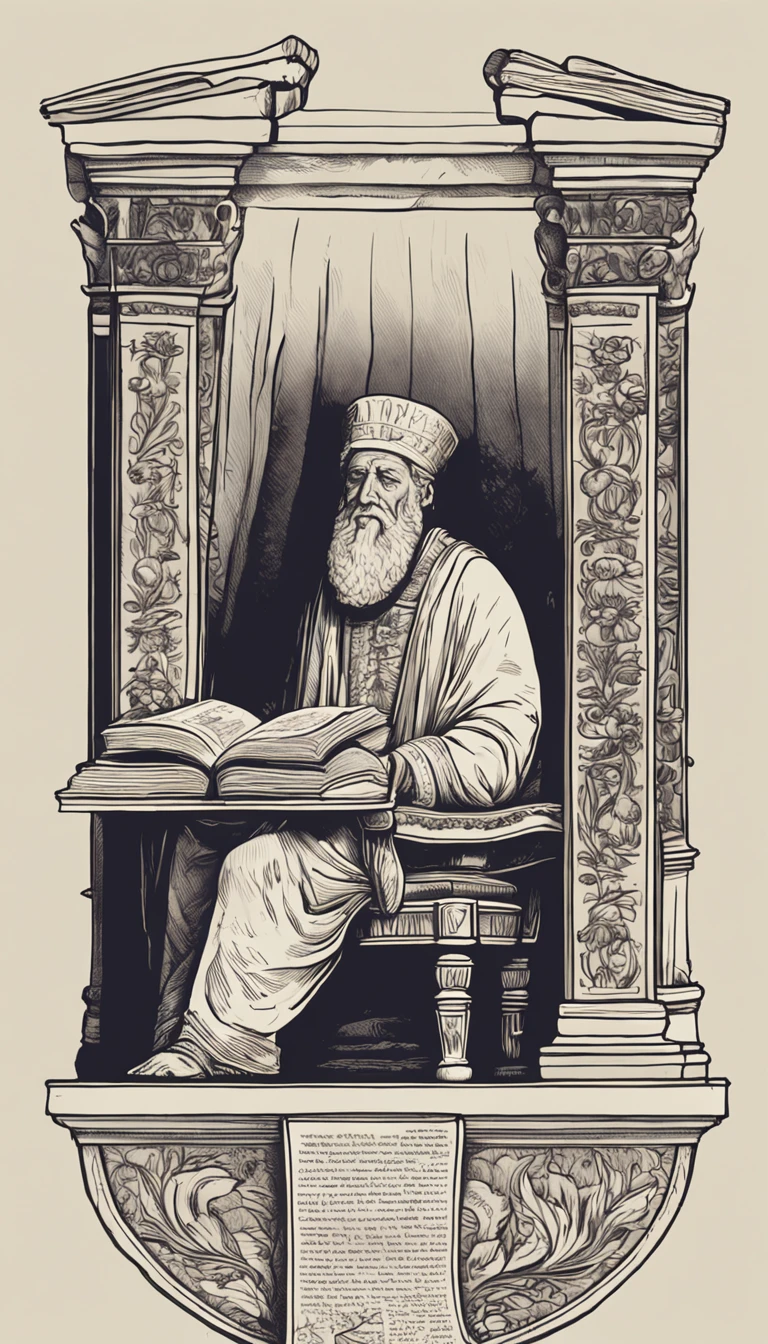 An animation of old books opening up, revealing illustrations by Marcus Aurelius, o imperador romano. He's sitting at his desk, escrevendo suas "Meditations" with a thoughtful expression.