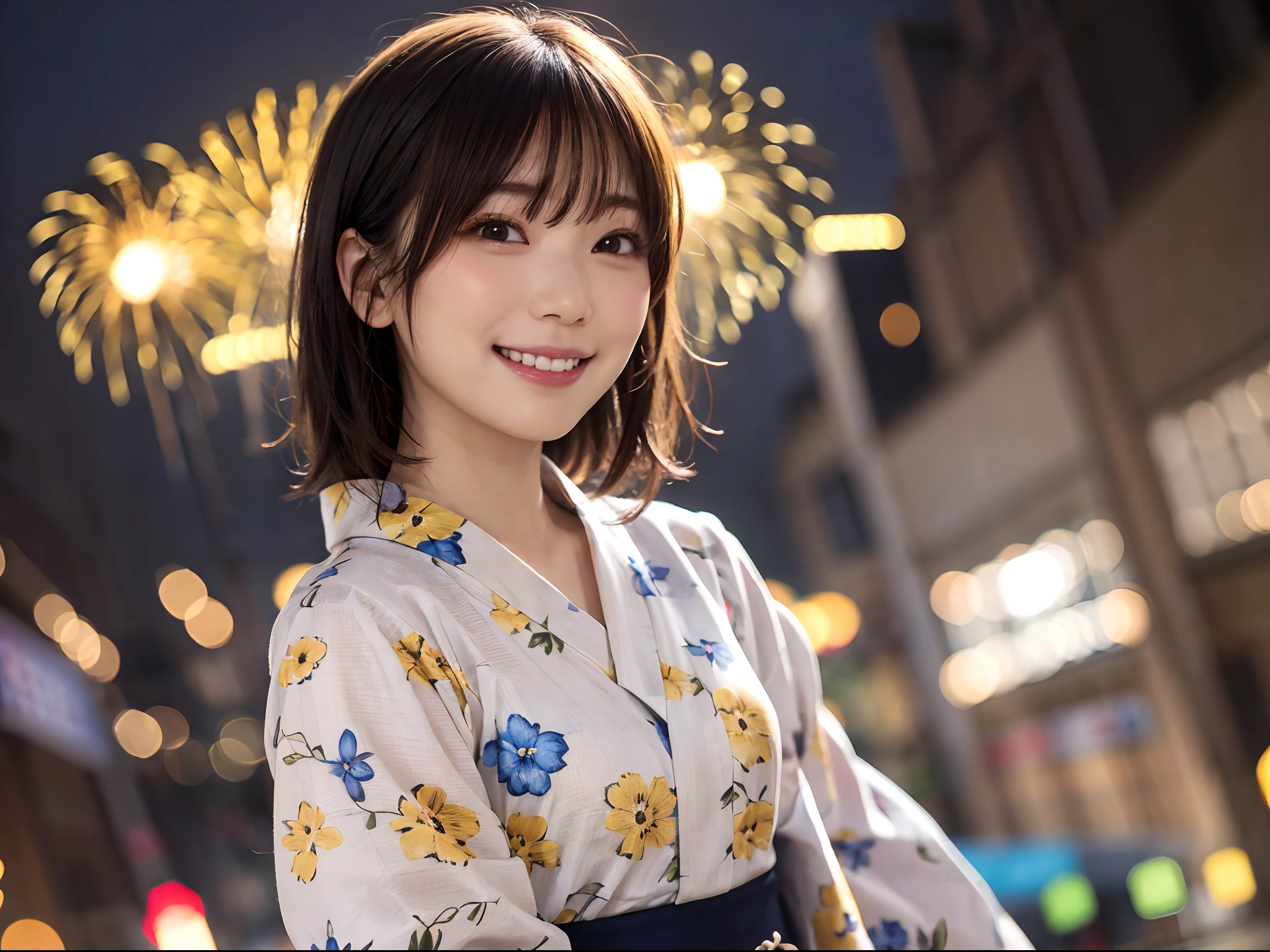 Wide shot of beautiful woman in yukata on mysterious fireworks display background: 1.5, Unity 8K , highly accurate: 1.1。As a stylish snapshot、Beautiful woman smiling、Beautuful Women: 1.3、wide Shots: 1.2、Fireworks Display: 1.1、hposing Gravure Idol、Photograph the whole body、Japan girl in yukata、looking at the viewers、Pose with a smile(top-quality、masterpiece)))、hight resolution、ighly detailed、masterpiece、电影灯光、(8K、top-quality、masterpiece:1.2)、(realisitic、Photorealsitic:1.37) Hi-Res、The ultra-detailliert、1girl in 、asian human, cute little, cute face, 独奏, Short hair 1.2, Textured skin, beautiful smiling face, Beautiful detailed sky, 电影灯光, depth of fields, Lens flare light、Dating、(blush nose)、(A smile:1.15)、(Mouth closed)tiny chest、beautiful finely detailed eyes、Floating hair Nova frog style