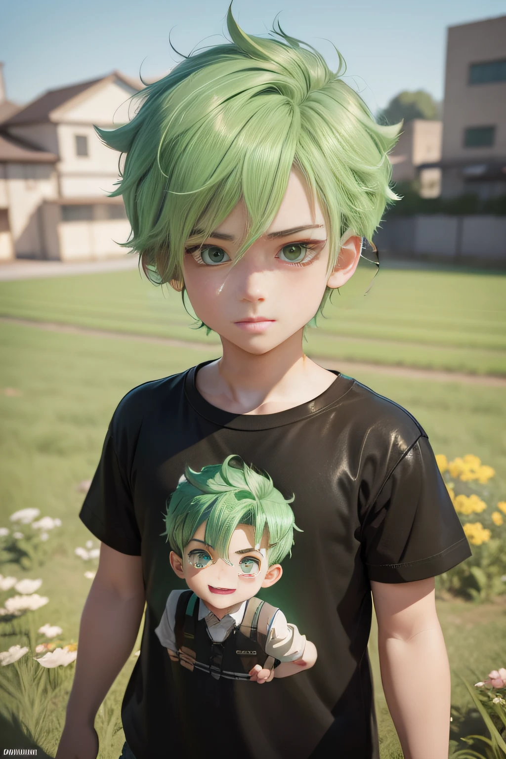 Green hair anime boy with green eyes in field, Rendering of cute 3D anime boy with innocent smile, Adorable Digital Painting, kawaii realistic portrait, artwork in the style of guweiz, cute detailed digital art, Cute anime boy, guweiz, Lori, Photorealistic anime boy rendering, guweiz on pixiv artstation