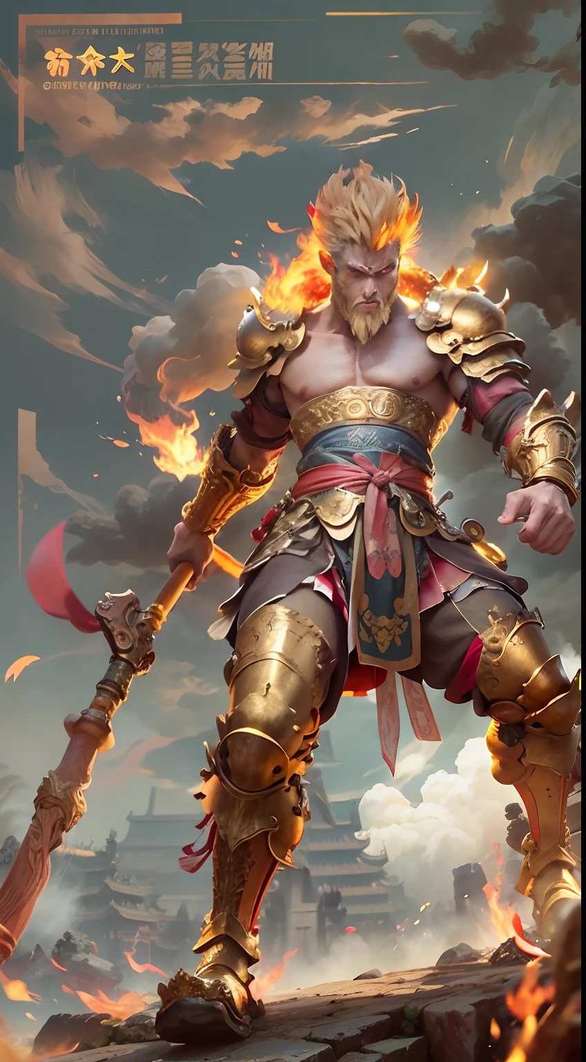 1个Monkey King,Monkey King holds Golden Cudgel,((Fire-eyed golden eyes:1.5)),((Complete Golden Cudgel)),Put on the Flame Armor,Fighting posture,Red ribbon,Clouds of flame under your feet,tmasterpiece,((The background is the Forbidden City, an ancient city in the East)),Cloud fog,8K,high definition resolution,Detailed detail drawing,very photoreal,