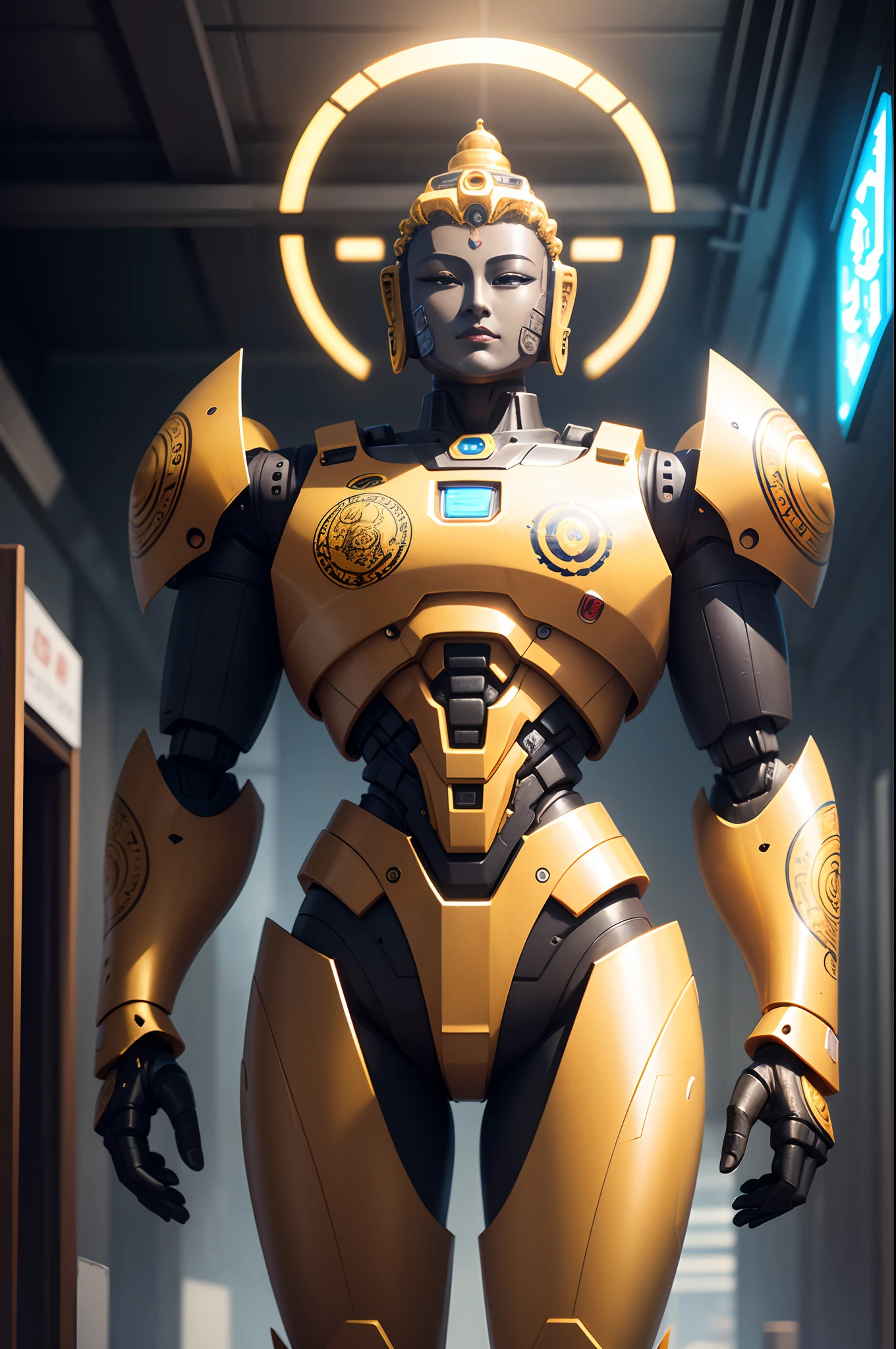 (Mecha-style Buddha statue,There is a halo behind it,gold body,Red pattern,mechs,Male humanoid robot in a cyberpunk temple),((Epic picture quality)),8K分辨率,The fuselage is decorated with motifs representing Buddhism。