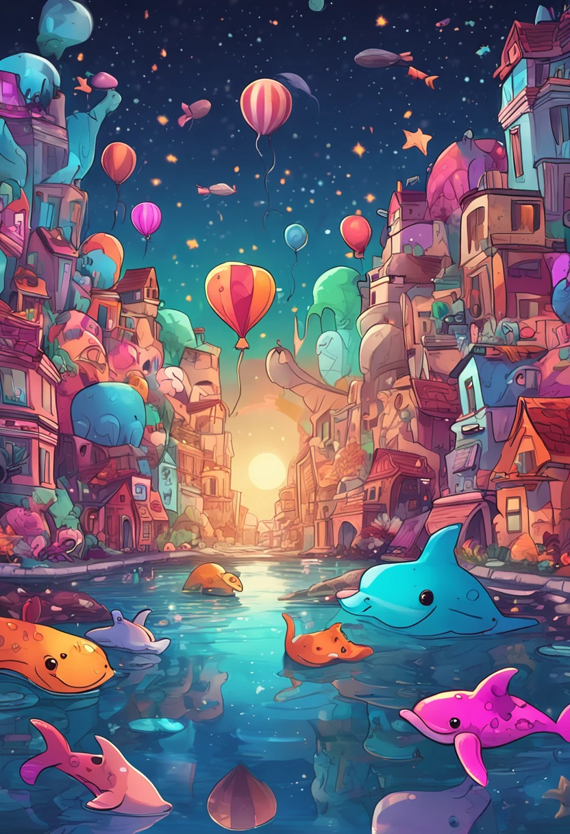 Stars shine,Colorful,Huge whales float over the city,Cute and cute,KIDS ILLUSTRATION,Glow effects,Dingdall effect,depth of fields,high light,Real light,Ray traching,oc rendered,Hyper-realistic,best qualtiy,8K,Works of masters,super-fine,Detailed pubic hair,Correct anatomy