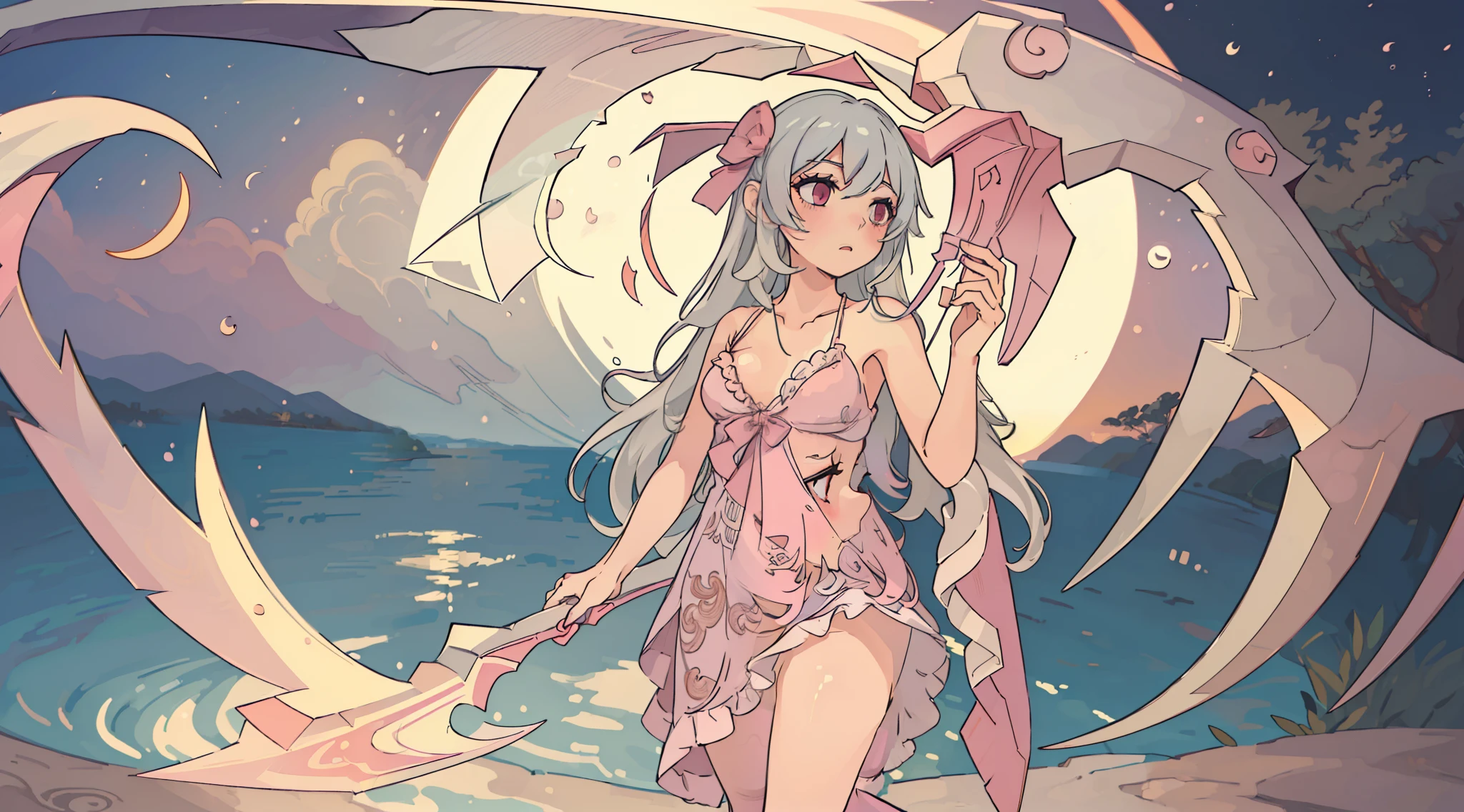 ((Best quality)), ((Masterpiece)), ((Ultra-detailed)), (illustration), (Detailed light), (An extremely delicate and beautiful), Dramatic perspective,A charming young girl,Pink swimsuit,(((Holding a large half-moon-shaped scythe)))