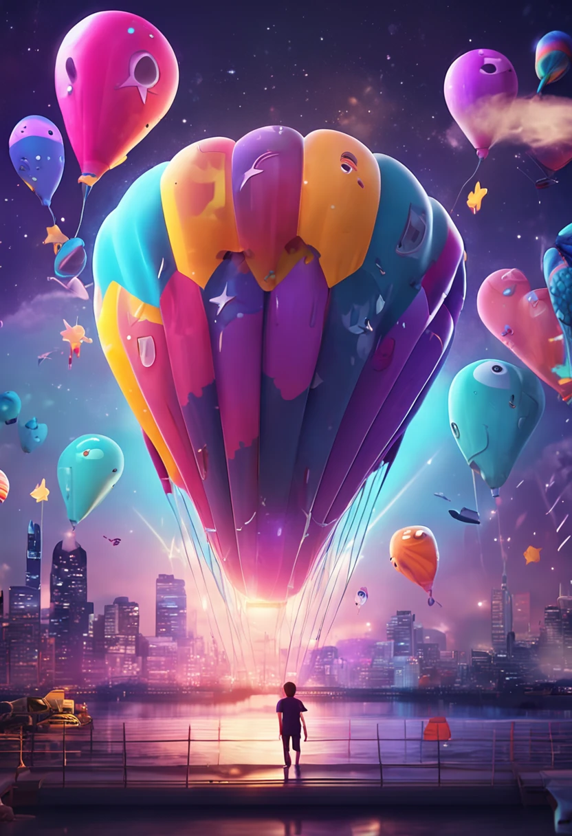 Stars shine，Colorful，Huge whales float over the city，Cute and cute，KIDS ILLUSTRATION，Glow effects，Dingdall effect，depth of fields，high light，Real light，Ray traching，oc rendered，Hyper-realistic，best qualtiy，8K，Works of masters，super-fine，Detailed pubic hair，Correct anatomy