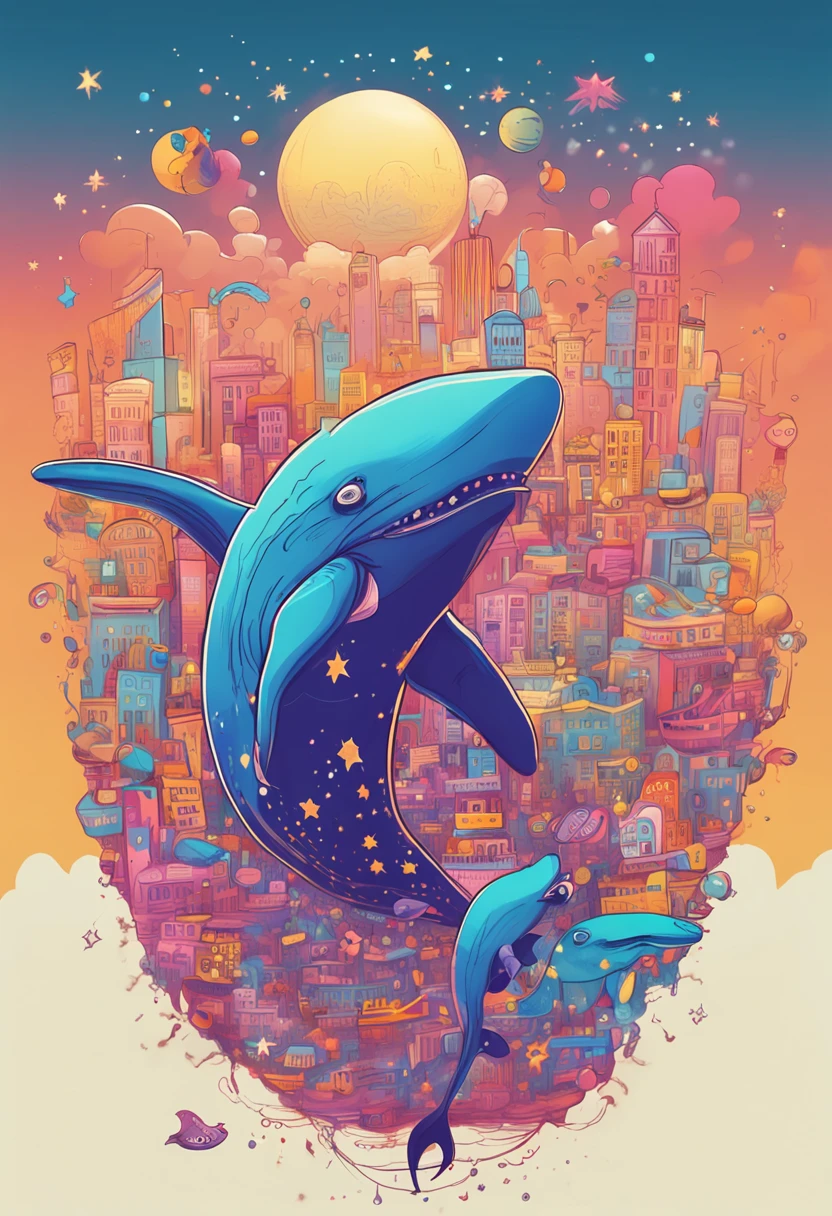 Stars shine,Colorful,Huge whales float over the city,Cute and cute,KIDS ILLUSTRATION,Glow effects,Dingdall effect,depth of fields,high light,Real light,Ray traching,oc rendered,Hyper-realistic,best qualtiy,8K,Works of masters,super-fine,Detailed pubic hair,Correct anatomy