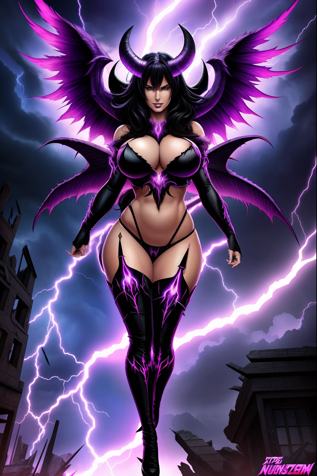 Lisa Ann as a hyper-giant, Hyper-powerful demon with a demon horn on its head and demon wings, and throws purple lightning bolts at a building, ville en ruine post apocalyptique,