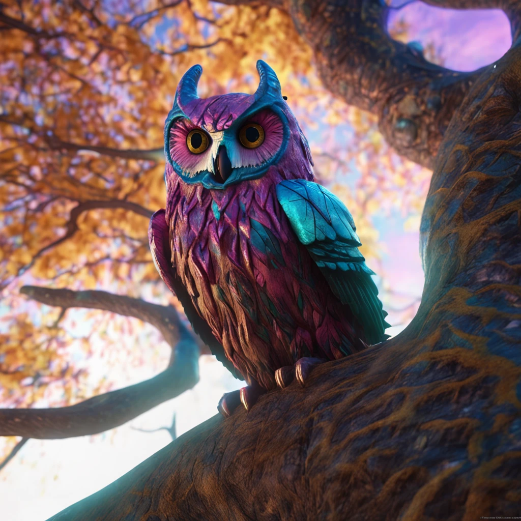 close shot of a mythical owl with colorful feathers, galaxy eyes, shiny feathers, detailed feathers, detailed big eyes, the owl is landing on an alien tree branch , looking at viewers with the eyes of judgement, focus, alien landscape background .BREAK,Detailed,Realistic,4k highly detailed digital art,octane render, bioluminescent, BREAK 8K resolution concept art, realism,by Mappa studios,masterpiece,best quality,official art,illustration,ligne claire,(cool_color),perfect composition,absurdres, fantasy,focused,rule of thirds,