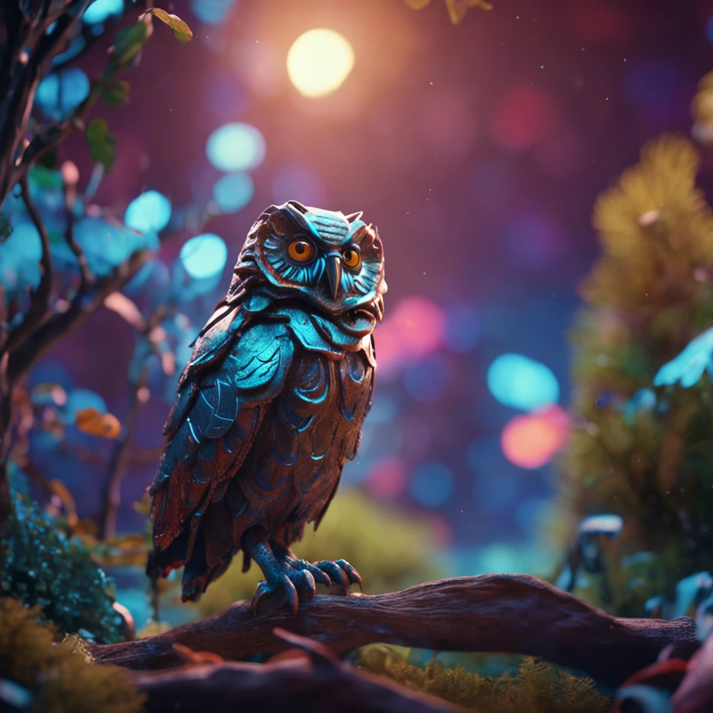 close shot of a mythical owl with colorful feathers, galaxy eyes, shiny feathers, detailed feathers, detailed big eyes, the owl is landing on an alien tree branch , looking at viewers with the eyes of judgement, focus, alien landscape background .BREAK,Detailed,Realistic,4k highly detailed digital art,octane render, bioluminescent, BREAK 8K resolution concept art, realism,by Mappa studios,masterpiece,best quality,official art,illustration,ligne claire,(cool_color),perfect composition,absurdres, fantasy,focused,rule of thirds,