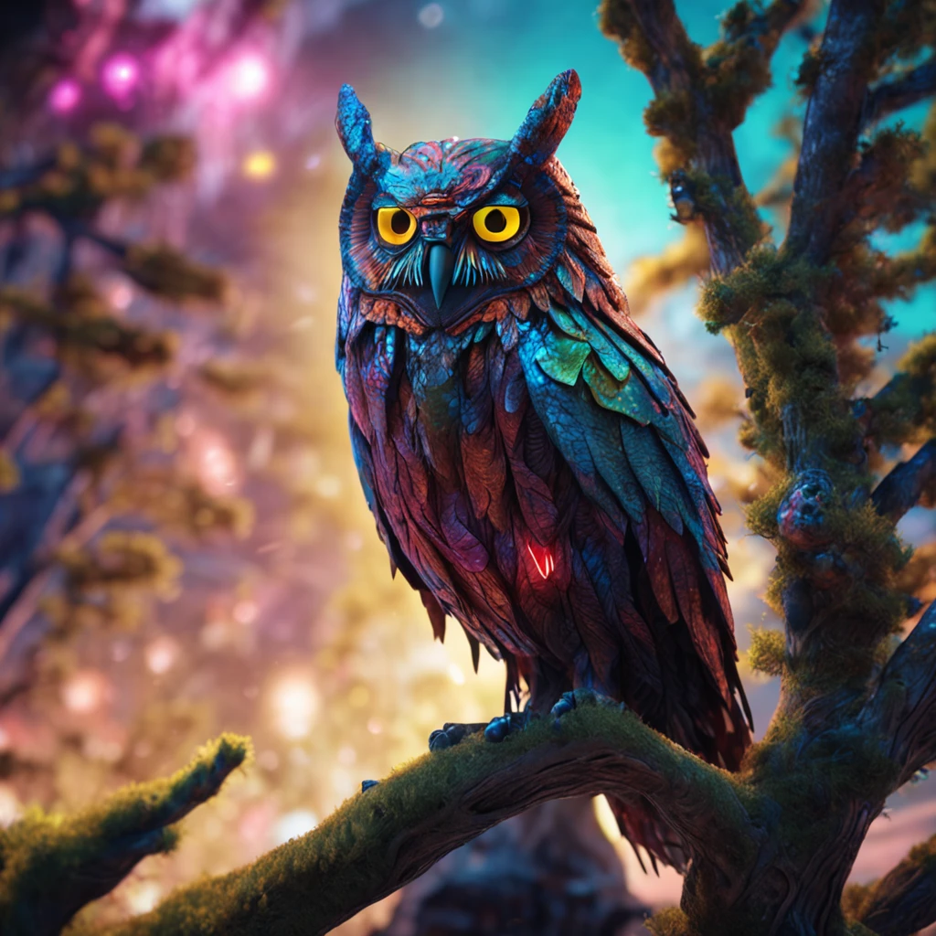 close shot of a mythical owl with colorful feathers, galaxy eyes, shiny feathers, detailed feathers, detailed big eyes, the owl is landing on an alien tree branch , looking at viewers with the eyes of judgement, focus, alien landscape background .BREAK,Detailed,Realistic,4k highly detailed digital art,octane render, bioluminescent, BREAK 8K resolution concept art, realism,by Mappa studios,masterpiece,best quality,official art,illustration,ligne claire,(cool_color),perfect composition,absurdres, fantasy,focused,rule of thirds,