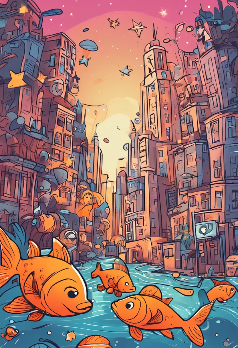 Stars shine，Colorful，Huge goldfish float over the city，Huge tail，Cute and cute，KIDS ILLUSTRATION，Glow effects，Dingdall effect，depth of fields，high light，Real light，Ray traching，oc rendered，Hyper-realistic，best qualtiy，8K，Works of masters，super-fine，Detailed pubic hair，Correct anatomy