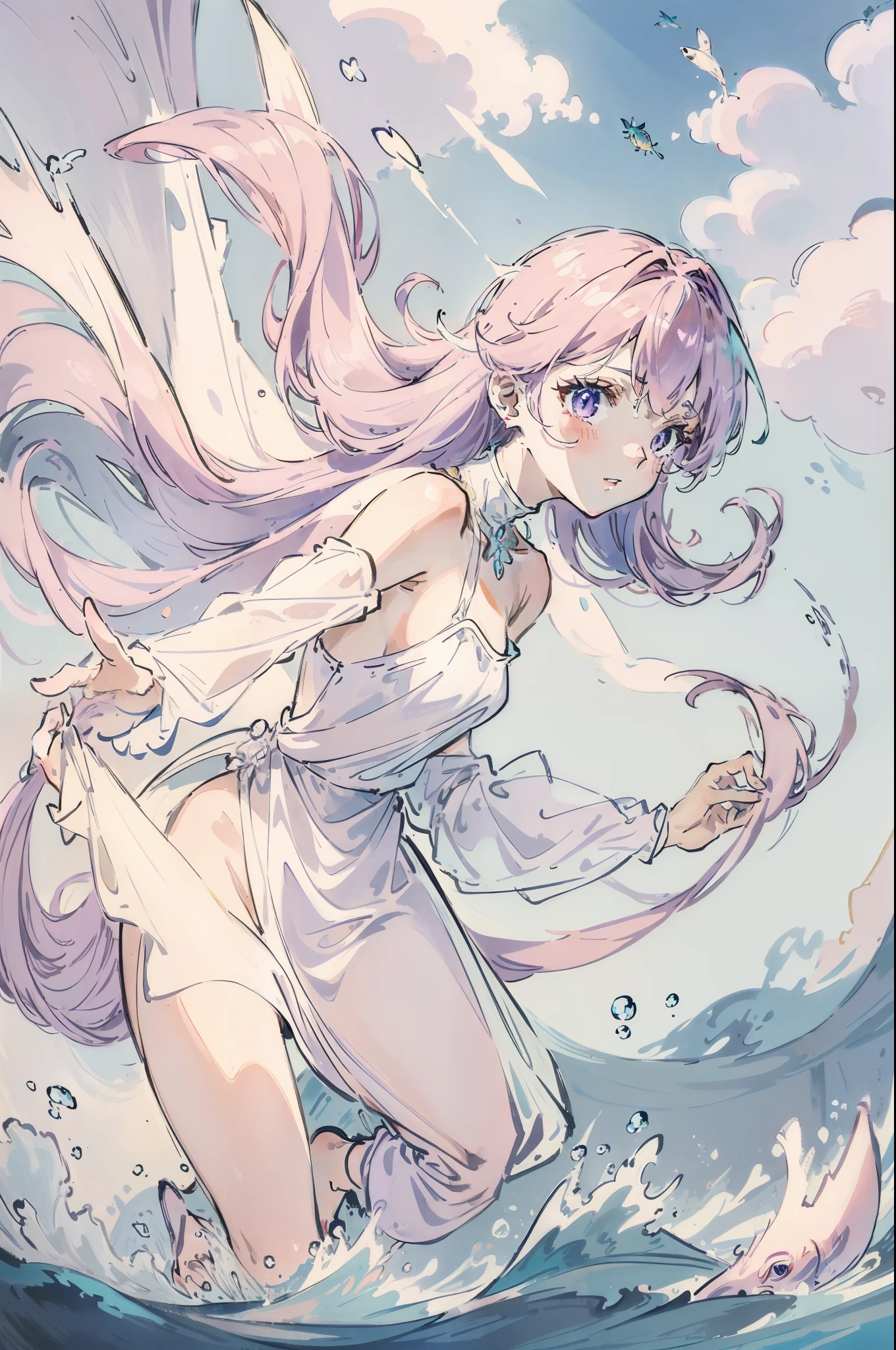 Light pink hair，Extra-long hair，Light purple eyes，The character is in the water，dive，bubble，White dress，Shoulders exposed，jewelry，Contre-Jour，Light and shadow in the water，Gently flutter，Flying，Small fish，Cinematic texture，