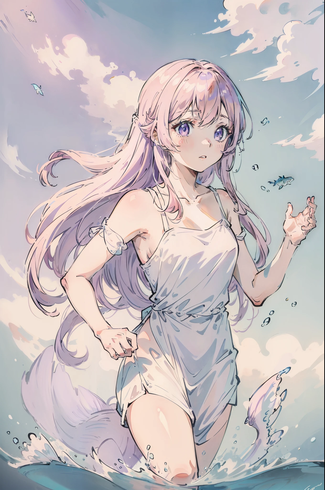 Light pink hair,Extra-long hair,Light purple eyes,The character is in the water,dive,bubble,White dress,Shoulders exposed,jewelry,Contre-Jour,Light and shadow in the water,Gently flutter,Flying,Small fish,Cinematic texture,