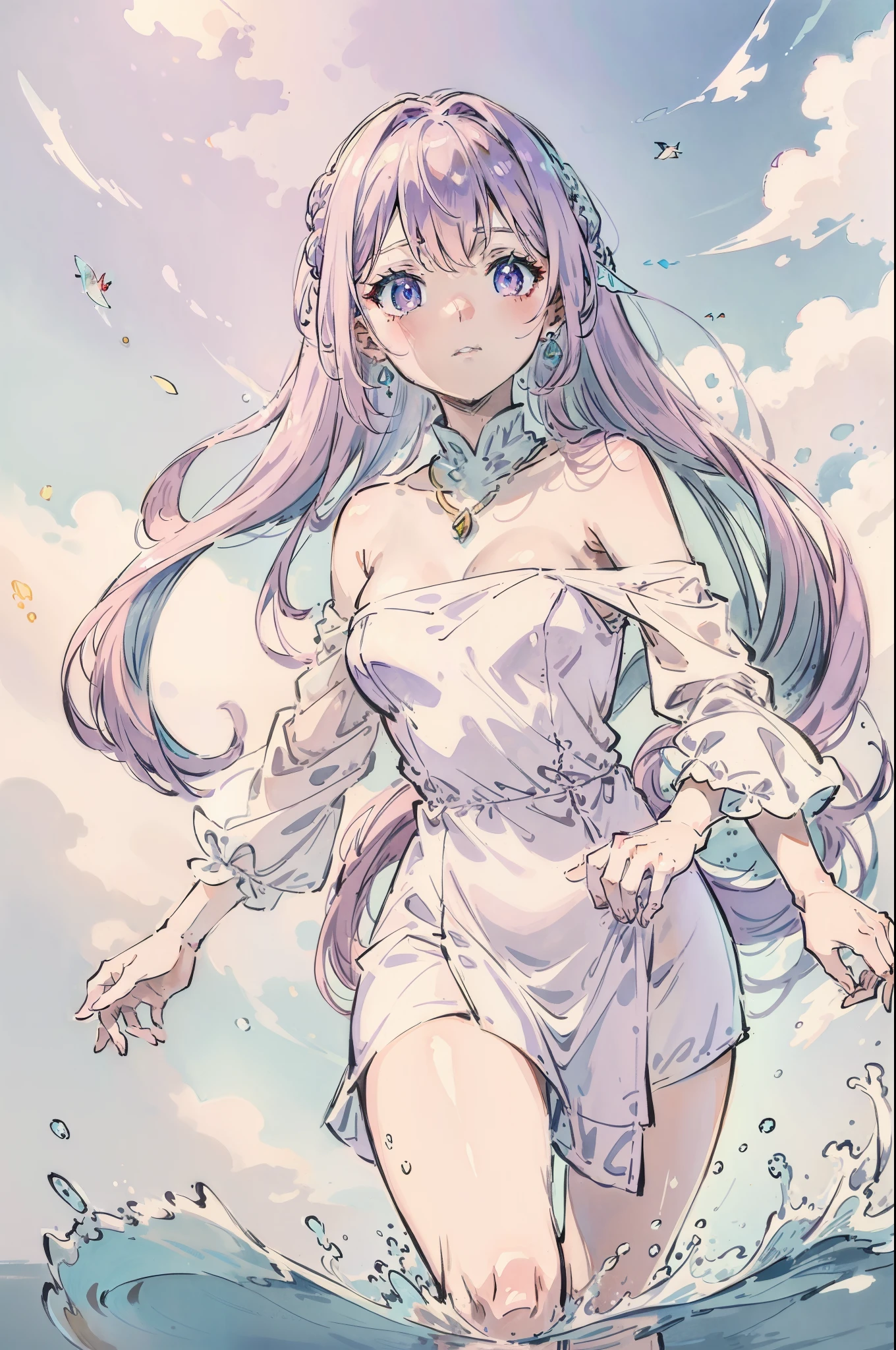 Light pink hair,Extra-long hair,Light purple eyes,The character is in the water,dive,bubble,White dress,Shoulders exposed,jewelry,Contre-Jour,Light and shadow in the water,Gently flutter,Flying,Small fish,Cinematic texture,
