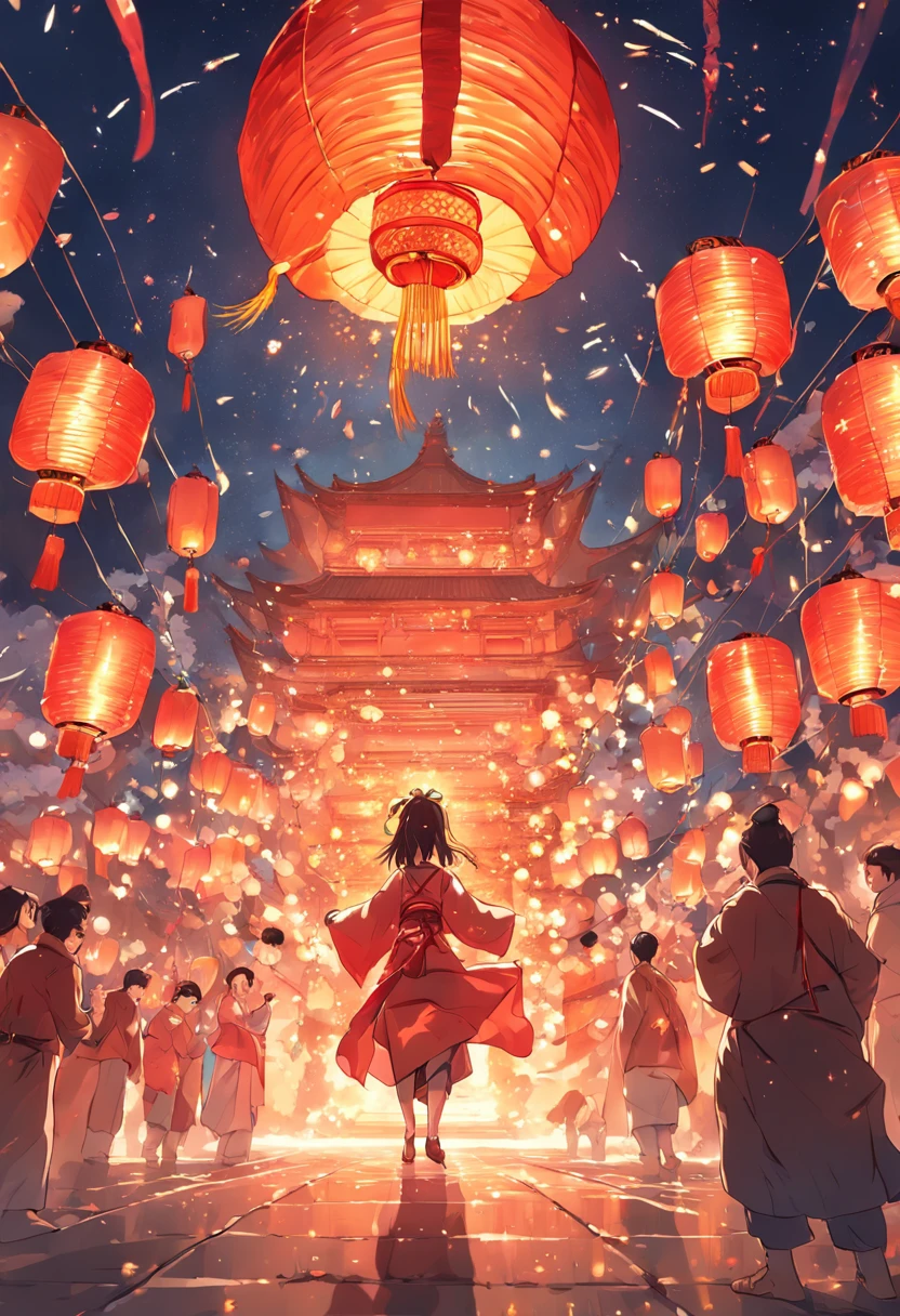 "New Year celebration in a traditional Chinese city, illuminated night sky, majestic Buddha image at the center, intricately adorned surroundings, vibrant Chinese lanterns hanging all around, sparkling sparklers, devoid of any people."