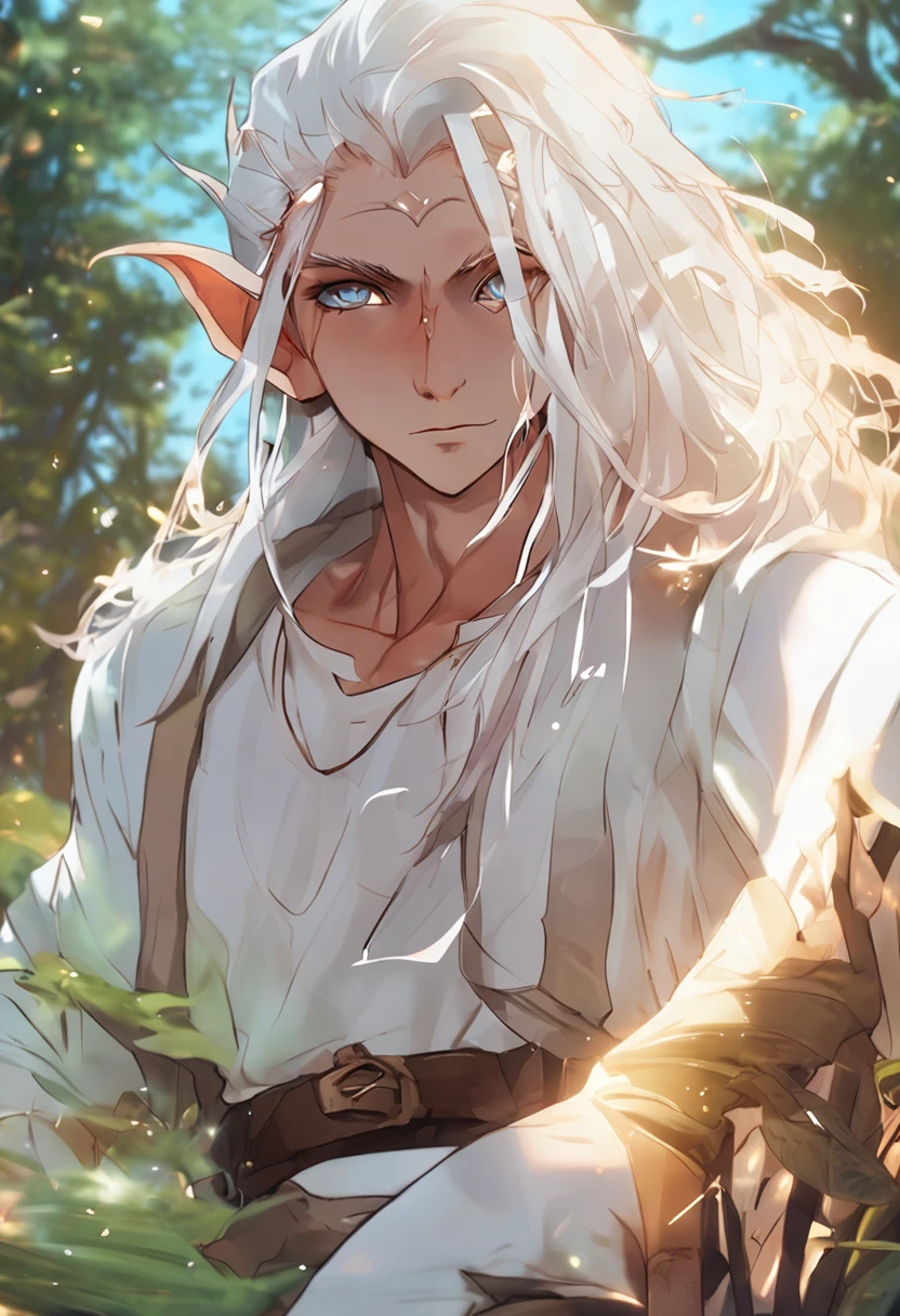(male elf:1.2,long white hair:1.3,white T-shirt:1.1,"hi hater" inscription:1.1,summer landscape background:1.2)