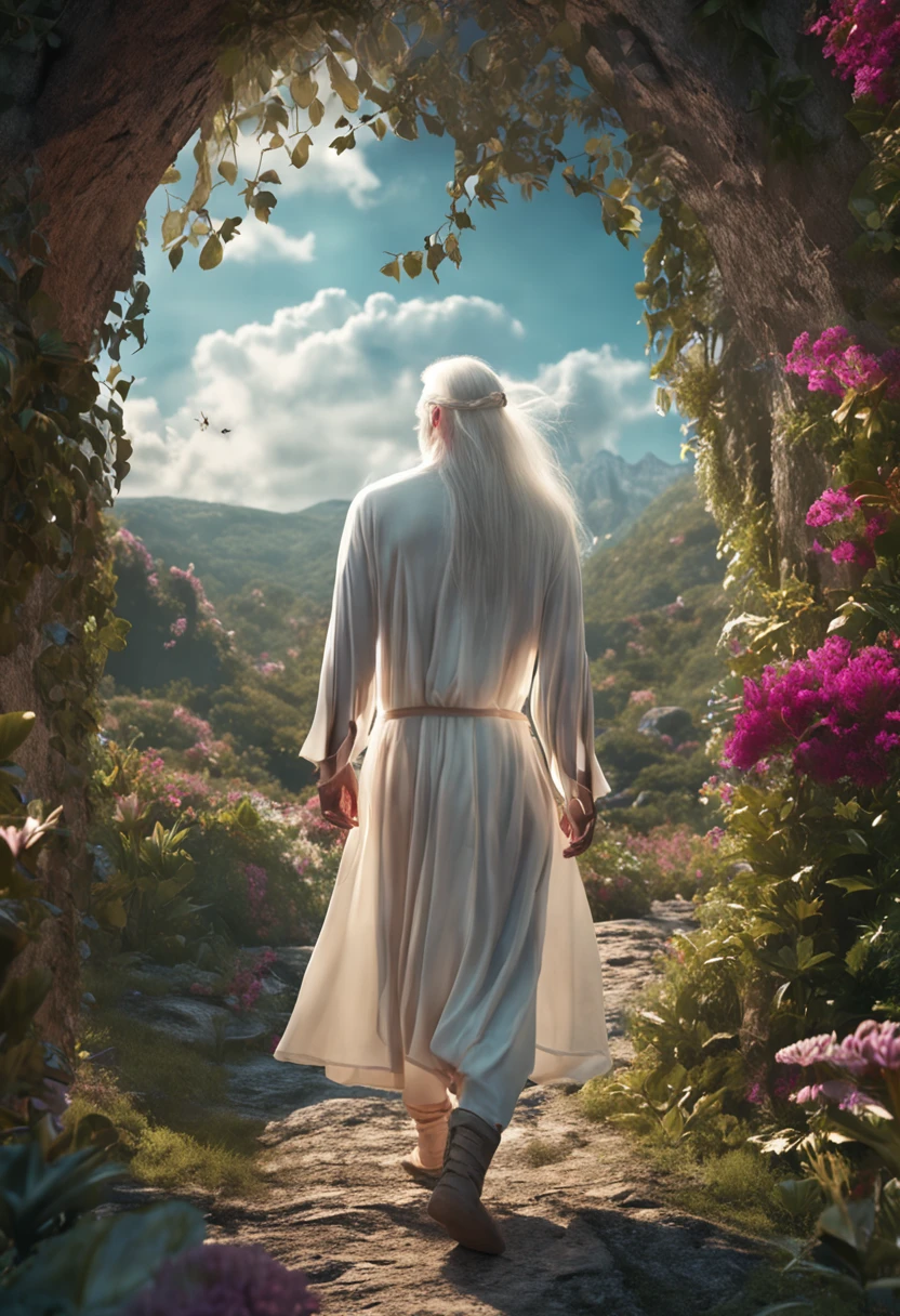 (male elf:1.2,long white hair:1.3,white T-shirt:1.1,"hi hater" inscription:1.1,summer landscape background:1.2)