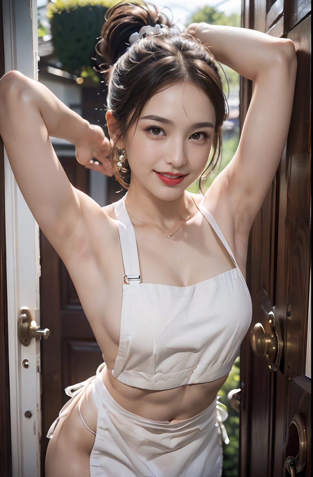 ((Lean your face on the raised arm、Her nose is attached to the arm、nose close to the arm,,、Wear a short apron naked、Apron in small size、The lower part of the chest is always visible、Visible lower chest apron、Raise your hand to show your armpits、Show underarms、Ultra-realistic armpits、Armpit、Navel、Detailed armpit wrinkles、Stand up straight、Detailed armpit pores、Realistic armpit skin、Black armpit skin、Detailed and realistic armpits、armpit pose、The front door is open、gazing at viewer、smil、Full body armpits standing facing the viewer、Show both armpits、Naked in a waist short apron、Stand straight facing the front、Show armpits、Stand at the front door of the house、Watched over by a pizza delivery man、Stand in front of the delivery man at the front door of your house)), (illustratio), (hight resolution), (8K), (ighly detailed), (The best illustrations), (armpit pose、Raise your hands in a bare apron to show your armpits、beatiful detailed eyes), (top-quality), (ultra-detailliert), (​masterpiece), (wall-paper), (详细的脸、red lipsticks), (A smile、((40 years,red lipsticks,femele,Show realistic armpits))、Brown hair,high-ponytail Hairstyle,((Wear only an apron、Show the navel、Show armpits)), japanes,(Slim body、Small)