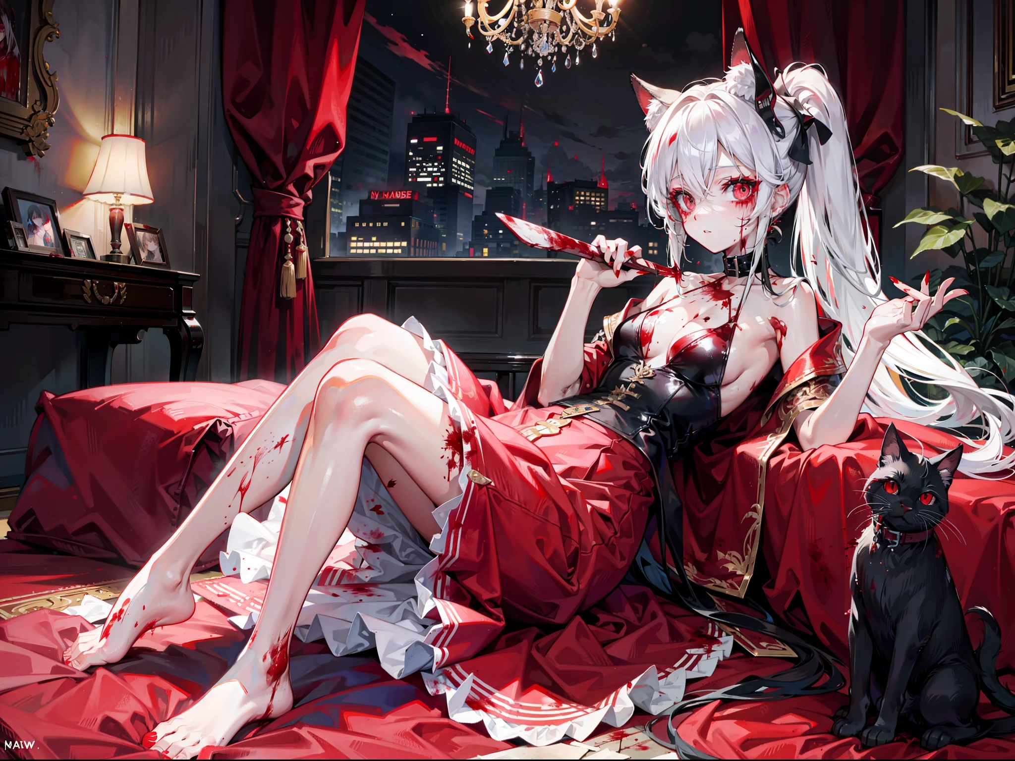 Be covered in blood,hair messy,Red eyelashes,blood in face