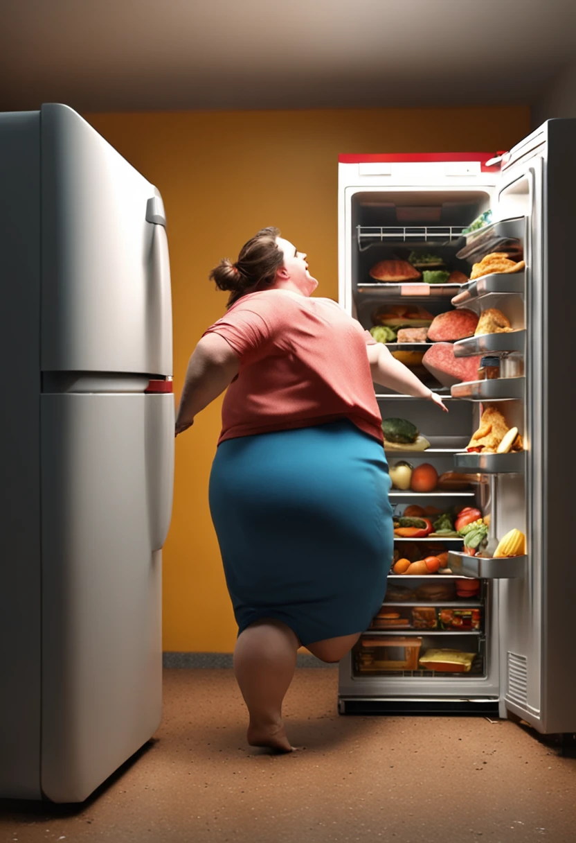 fat woman attacking the fridge very hungry breaking free from the diet realistic image 4k