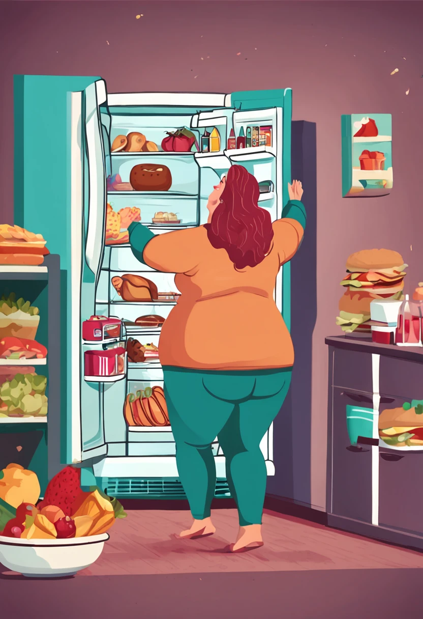 fat woman attacking the fridge very hungry breaking free from the diet realistic image 4k