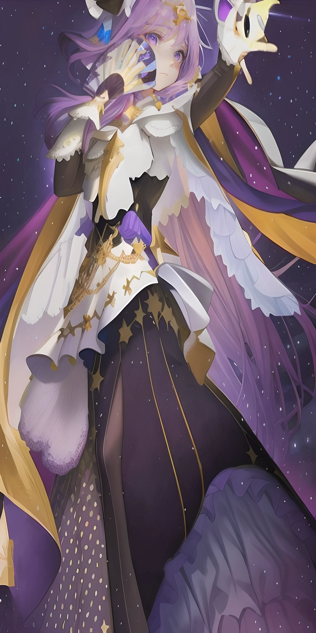 tmasterpiece,HighestQuali,Anime girl with purple hair and purple cape holding stars, Beautiful celestial mage, Detailed key anime art, Detailed anime artwork, Keqing from Genshin Impact, detailed anime art, celestial goddess, Detailed digital anime art, astral witch clothes, Beautiful anime artwork, Onmyoji detailed art, clean and meticulous anime art, WLOP and Sakimichan