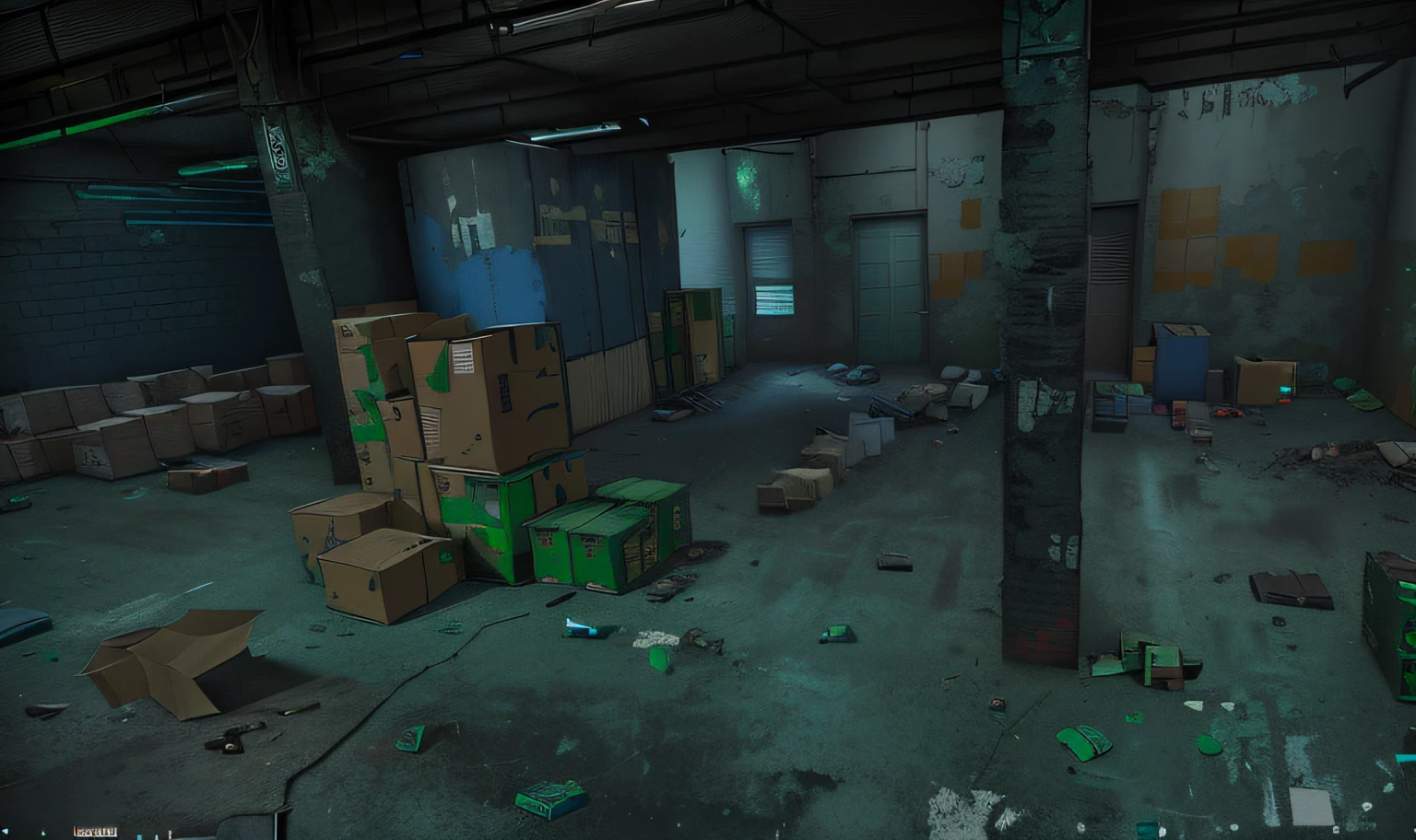 In the box room, Empty warehouse background with green light in the middle and background, B - game, In the game, Location ( slum _ wallside ), In the game, background is a slum, boxes and trash in the background, Inside the gangster shelter, [[empty warehouse]] Background, Remastered chromatic aberration, ingame image, Screenshot of interior gameplay