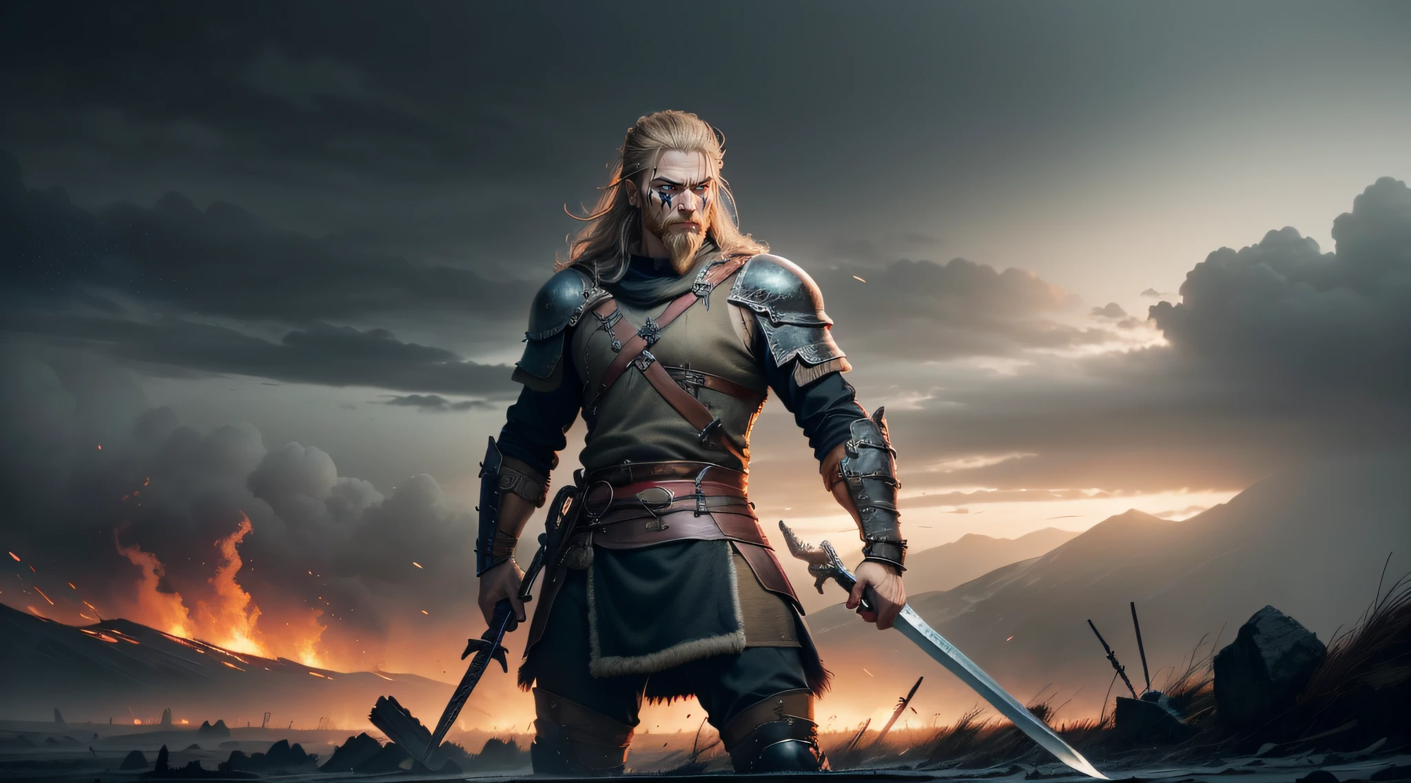 Create a visual representation of a Viking warrior at the height of battle. His eyes reflect a mixture of fury and determination as he stands out in the bleak landscape. He swings a wounded sword, Face your opponents with ruthless courage. The ground is covered in rubble and broken weapons, while the darkness is interrupted by flames and sparks.
