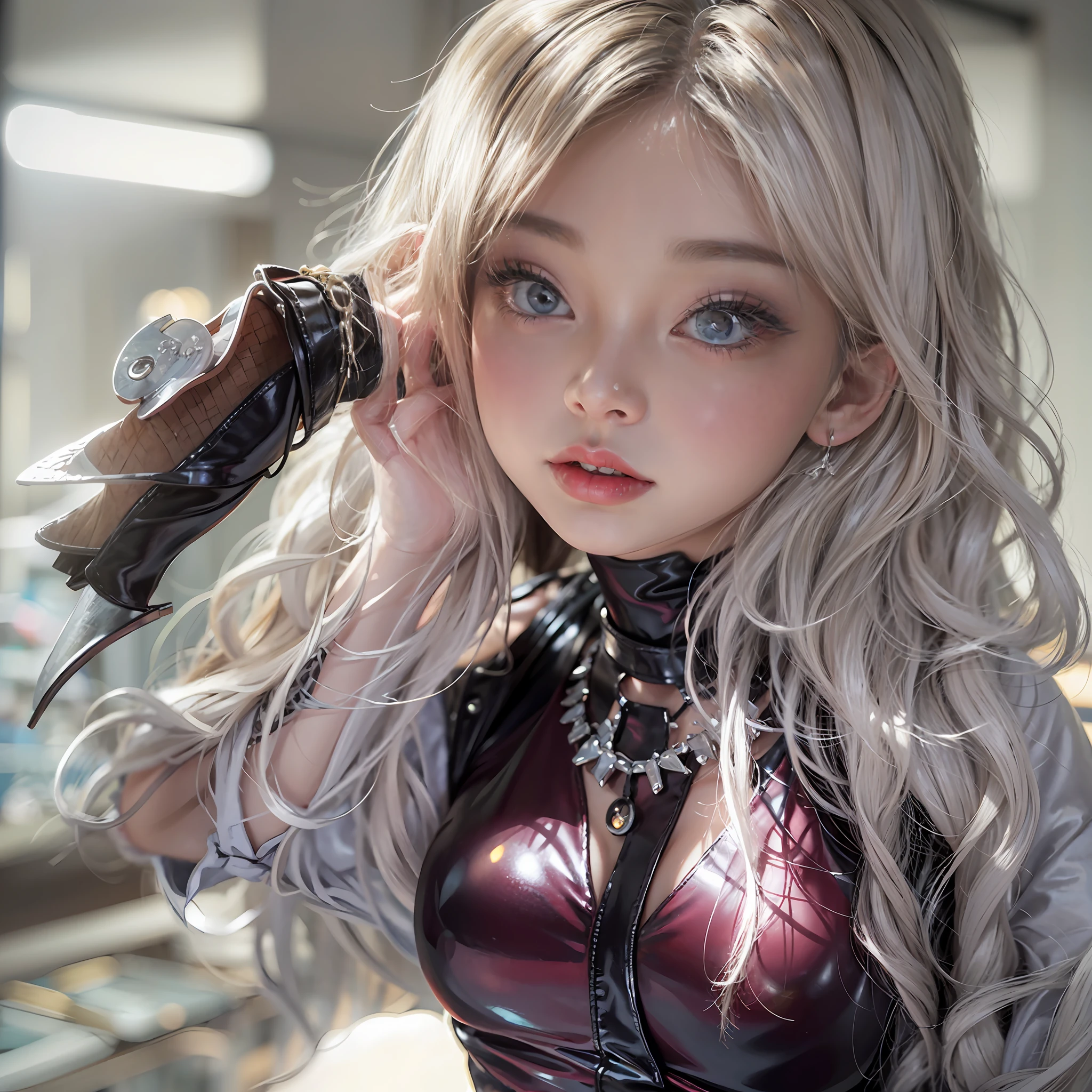 ((​masterpiece:1.4)、(top-quality:1.4)、(reallistic:1.7))、a beauty girl、Super sexy daughter、Super beautiful girl、1girl in、Glossy luxury latex、Luxury Latex Bodysuit、By Luis Royo、age19、Super Ultra Ultra Bikini、beautiful countenance、kawaii faces、Beautiful udder、Beautiful ass、A detailed eye、beautidful eyes、Raw photo、red-lips、Red high heels、a choker、a necklace、耳Nipple Ring、