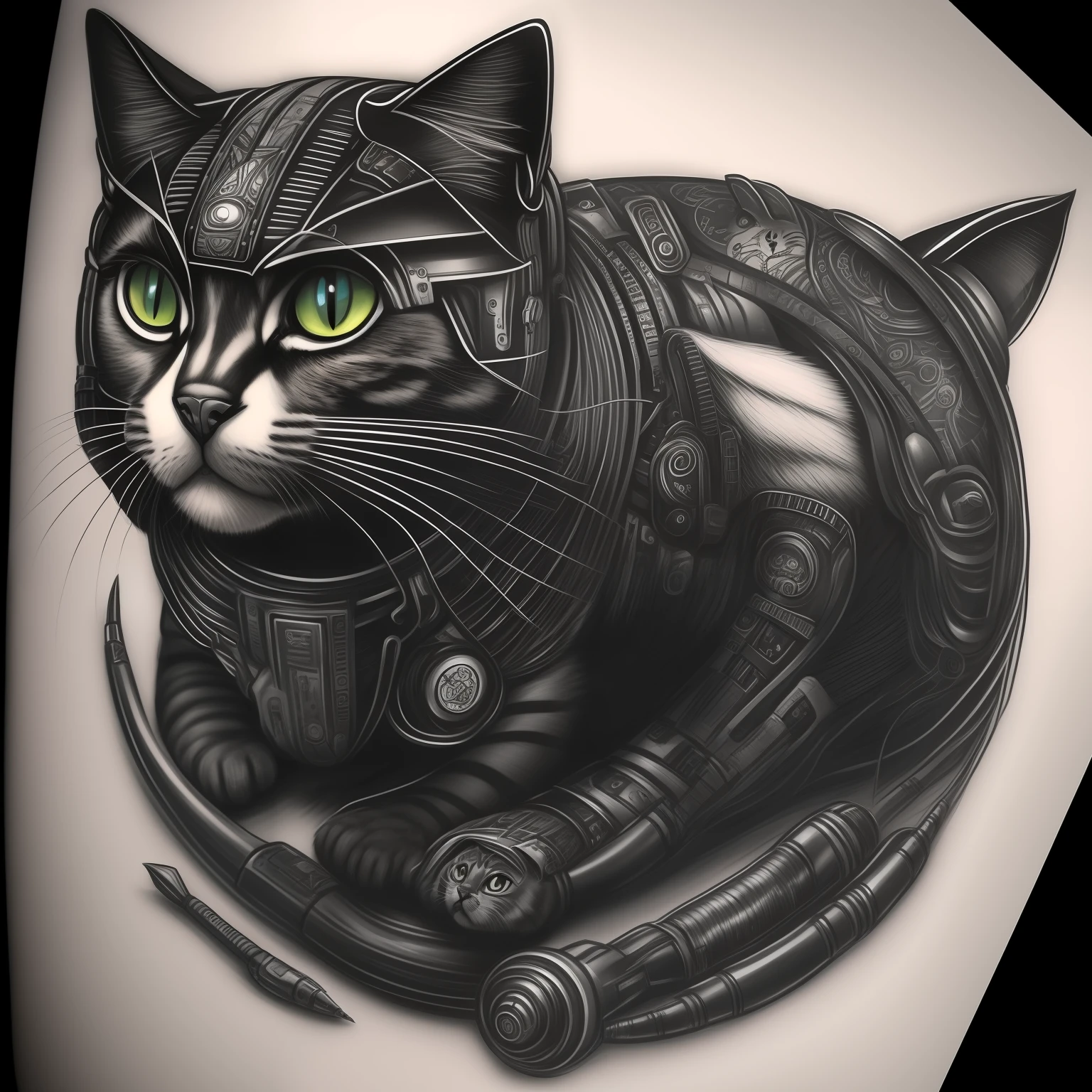 A sketch of a cuddly cybernetic cat in black and white with a 'tattoo design:1.2'.