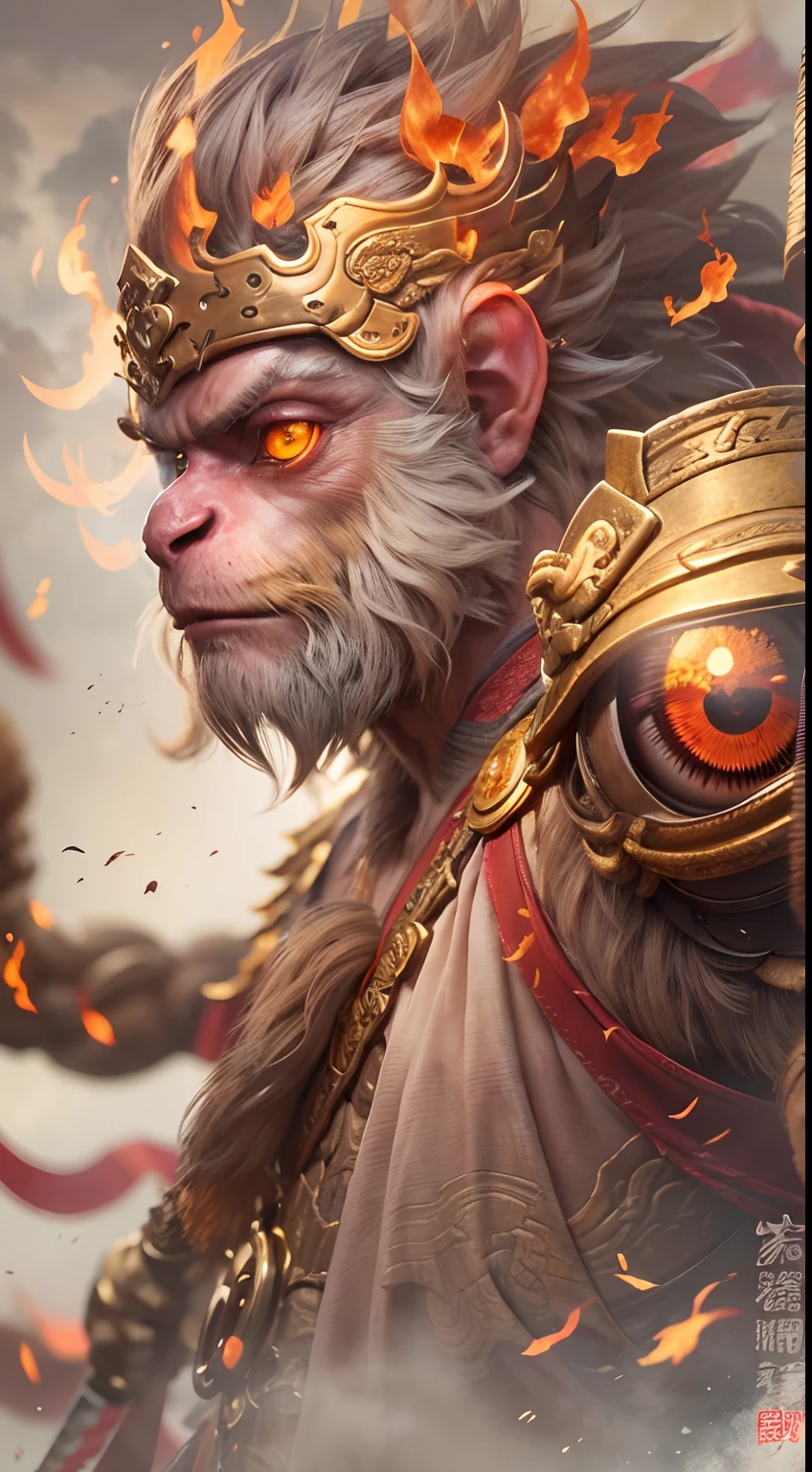 1个Monkey King，Monkey King holds Golden Cudgel，((Fire-eyed golden eyes:1.5))，((Complete Golden Cudgel)),Put on the Flame Armor，Fighting posture，Red ribbon，Clouds of flame under your feet,tmasterpiece，((The background is the Forbidden City, an ancient city in the East))，Cloud fog，8K，high definition resolution，Detailed detail drawing，very photoreal，