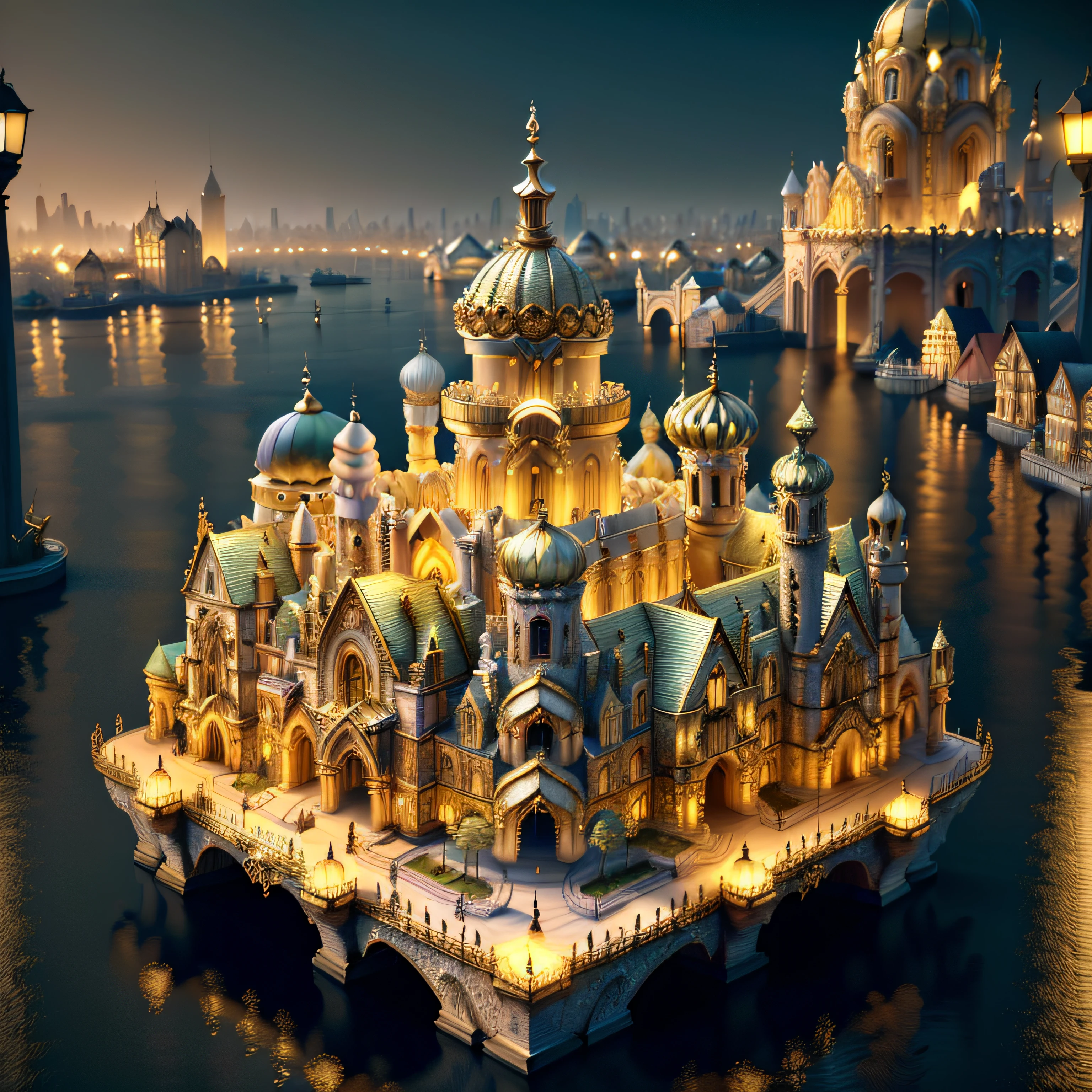 (((masterpiece)), IvoryGoldAI City at night, isometric, 3D rendering, very high definition, high detail, 8k, cinematic lighting, super high resolution, best quality