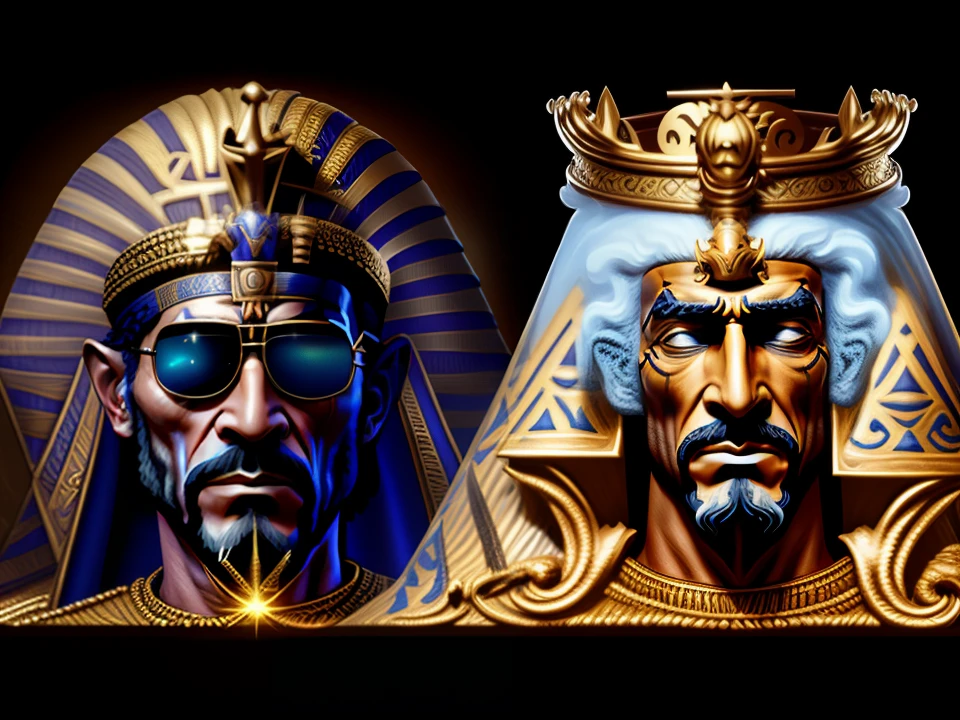 Image of a man with a crown on his head and a man with sunglasses on his head, age of empires, wearing an egyptian crown, Reis antigos em vestes brancas, age of empires 2, age of empires ii, pharaon, pharaon, age of empires 3, drdisrespect posing as napoleon, Rei dos Reis, arte oficial, pharaoh clothes