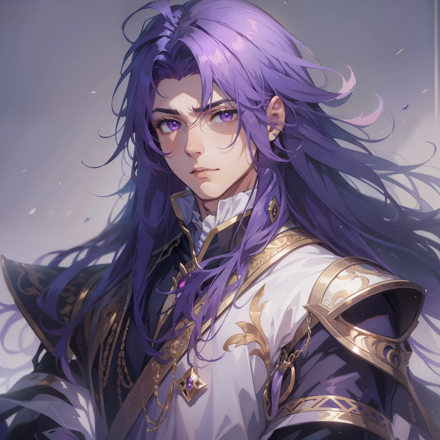 Young man, long purple hair , royal guard clothes, purple eyes, bangs, male, young male, Calm and serene look, seductive