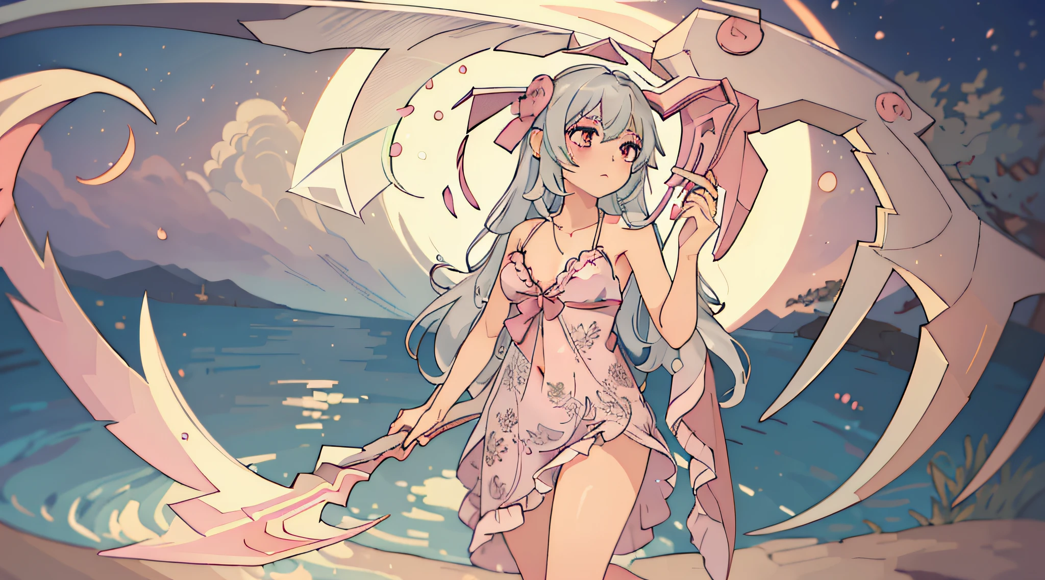 ((Best quality)), ((Masterpiece)), ((Ultra-detailed)), (illustration), (Detailed light), (An extremely delicate and beautiful), Dramatic perspective,A charming young girl,Pink swimsuit,(((Holding a large half-moon-shaped scythe)))