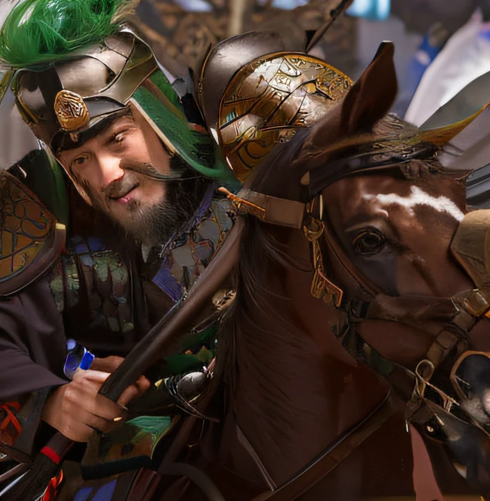 There is a man riding a horse in a green mohawk, guanyu, Genghis Khan, chinese three kingdoms, inspired by Hu Zaobin, mongol, inspired by Li Kan, from three kingdoms, Genghis Khan Photos, bian lian, inspired by Yi Jaegwan, inspired by Wu Bin, Inspired by horse insults, Inspired by Zhang Wo