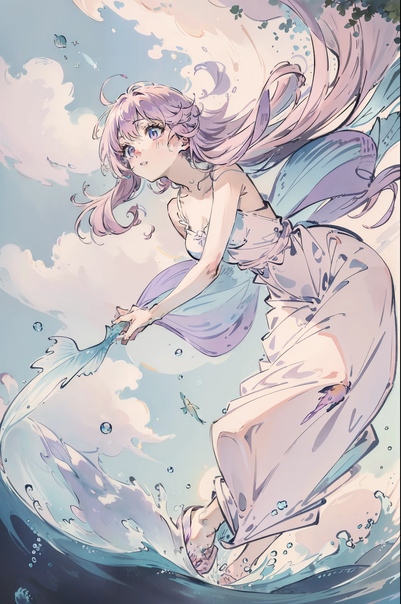 Light pink hair,Extra-long hair,Light purple eyes,Dive into the water,Bubble,White dress,Shoulders exposed,jewelry,Contre-Jour,Light and shadow in the water,Gently flutter,Flying,Small fish,Cinematic texture,