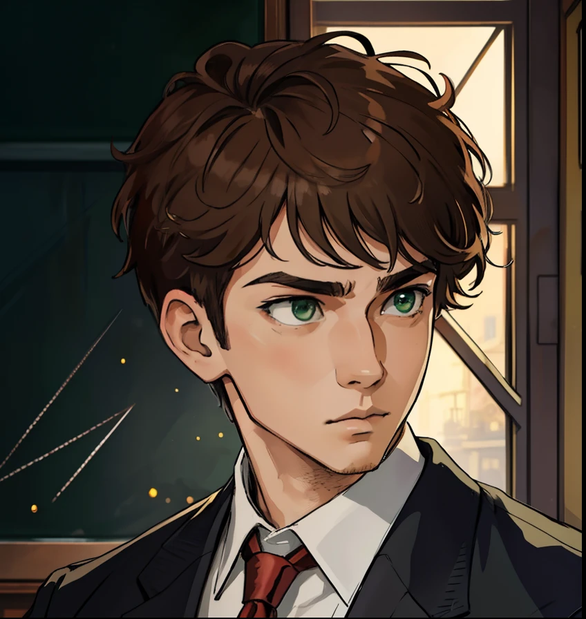 (master piece, best quality), intricate details, 8k, season art, wallpaper, Official Art, splash art, sharp focus,
  1 boy, side profile, green eyes, short hair above the ear, light brown, looking to the side, red school uniform, classroom in the background, futuristic classroom