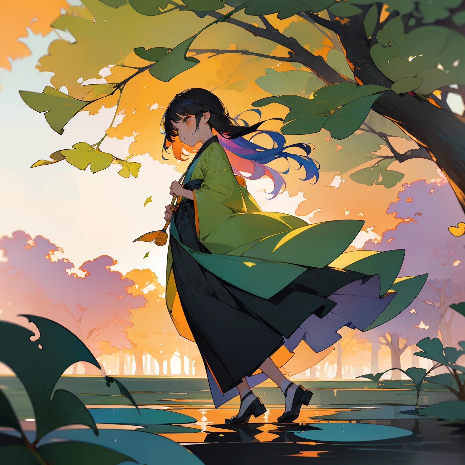 watercolor paiting(Beautifully Aesthetic:1.2)、(1girl in:1.3)、(colourful hair、half black、Half Orange:1.2)、Eau、liquids、natta、colourfull、Beautiful sunset、Fantastic Twilight、Large ginkgo tree、Lots of gingko leaves are dancing、Japanese dress、Gentle expression、