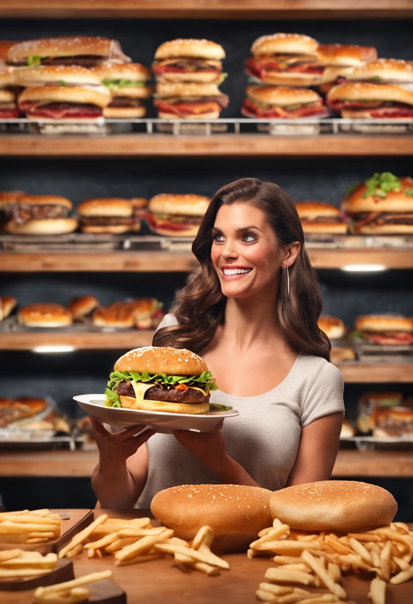 Arafed a fat 40-year-old woman holding a burger in front of a shelf of burgers, imagem de comida super realista, estilo realista, eating burgers, estilo de arte realista, estilo de arte realista, comida realista, mulher na vida real, realistic lighting, serving burgers, mulher realista, eating a burger, mulher fotorrealista ,