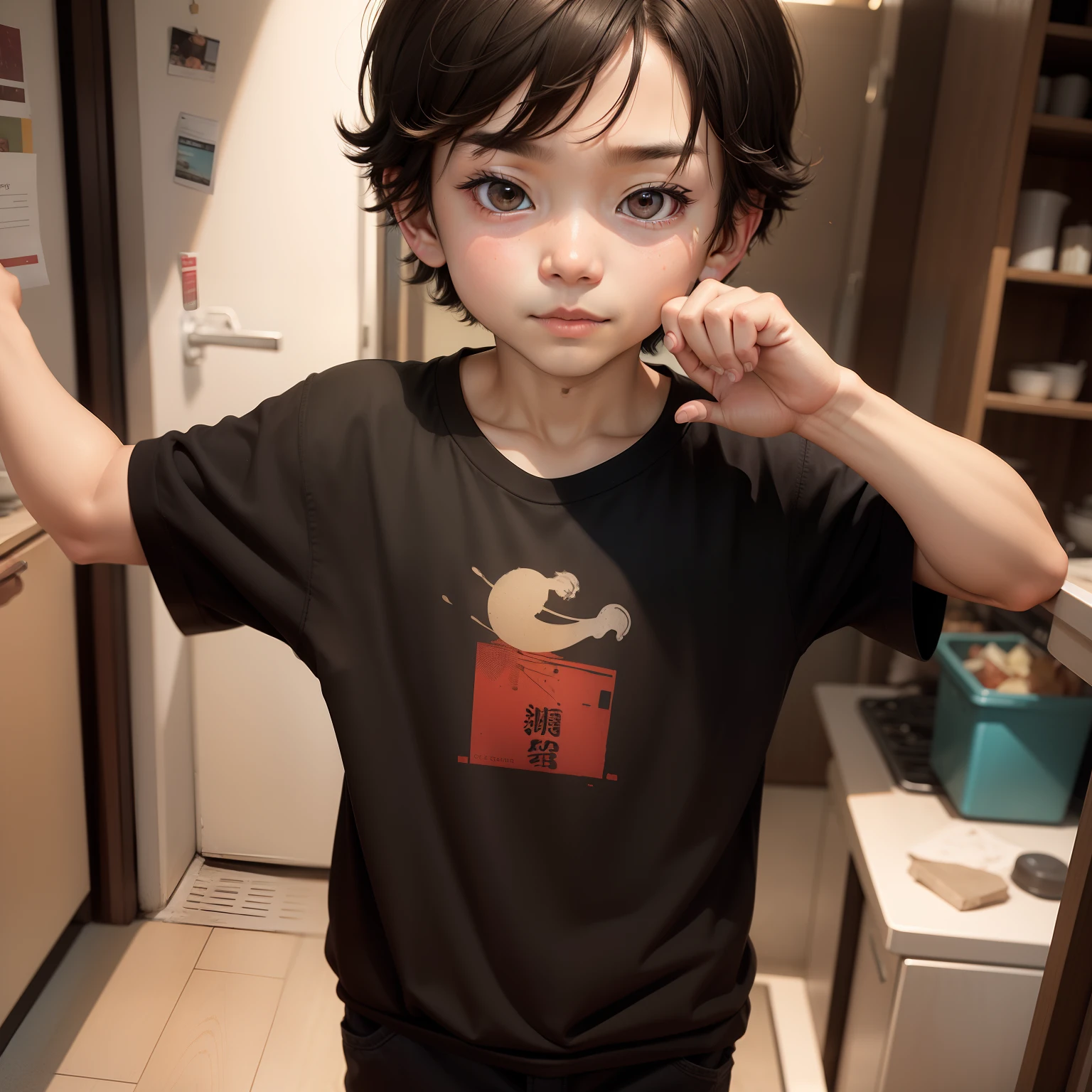 (()), (Homem) (6 anos),masculino)), ((asiatic)) cabelos cacheados curtos, cor do cabelo preto, olhos pretos, children'mation,animation 6 years, Estile, de (corpo inteiro), fundo branco, child 6 years, rostolhado, perfeito, ((menino)), (Homem), asiatic, rosorpo masculino, camisa fechada, ((menino de 6 anos)), ((holding a glassith his leftnd)), arms down