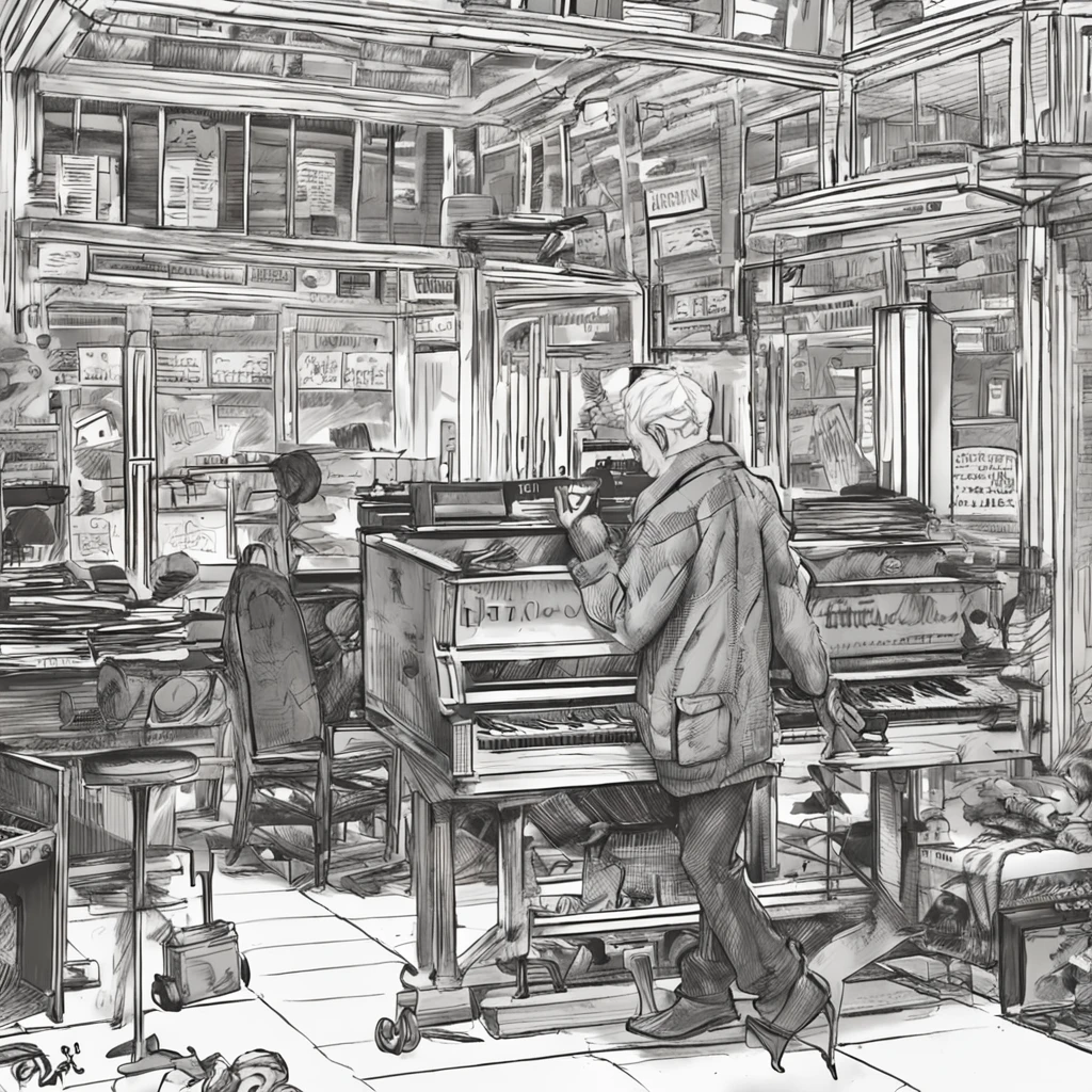 Best quality, Masterpiece, In the daytime, Inside the piano shop,(1 man:1.3),Silvery hair,short detailed hair,Messy hairstyle, Black eyes,Sad eyes,Blue and white tracksuit,Guitar in hand,Sit in the guitar shop,Hands fly fast and nimble on the guitar,Beat the guitar wantonly