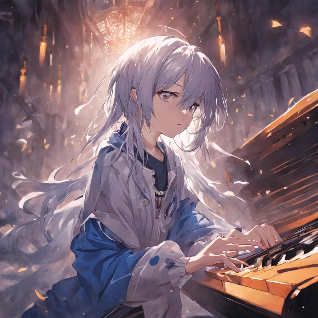 Best quality, Masterpiece, In the daytime, Inside the piano shop,(1 man:1.3),Silvery hair,short detailed hair,Messy hairstyle, Black eyes,Sad eyes,Blue and white tracksuit,Guitar in hand,Sit in the guitar shop,Hands fly fast and nimble on the guitar,Beat the guitar wantonly