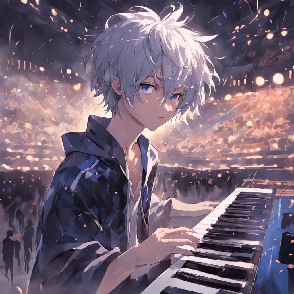 Best quality, Masterpiece, In the daytime, Inside the piano shop,（1 man：1.3），Silvery hair，short detailed hair，Messy hairstyle， Black eyes，Sad eyes，Blue and white tracksuit，Guitar in hand，Sit in the guitar shop，Hands fly fast and nimble on the guitar，Beat the guitar wantonly