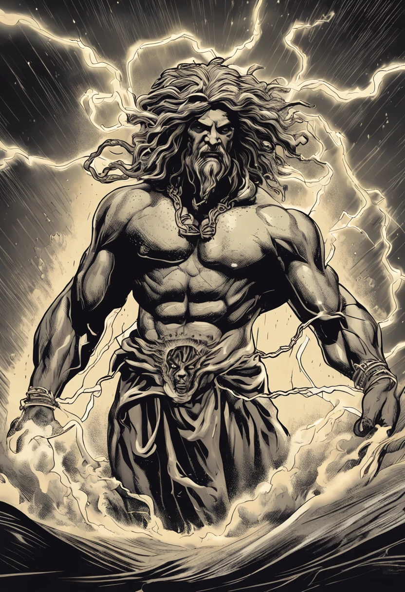 "Zeus holding Medusa's head in his arms, heavy rain with lightning and thunder, raios penetrantes que emanam de seus olhos, hate-filled expression"