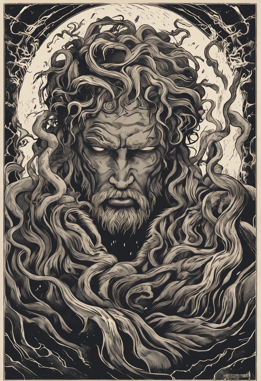 "Zeus holding Medusa's head in his arms, heavy rain with lightning and thunder, raios penetrantes que emanam de seus olhos, hate-filled expression"