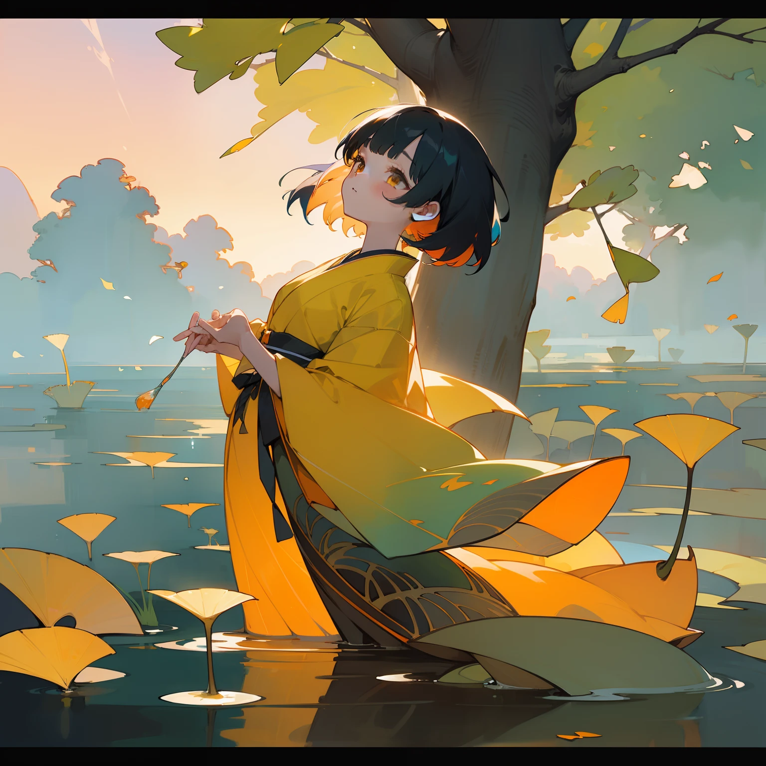 watercolor paiting(Beautifully Aesthetic:1.2)、(1girl in:1.3)、(colourful hair、half black、Half Orange:1.2)、Eau、liquids、natta、colourfull、Beautiful sunset、Fantastic Twilight、Large ginkgo tree、Lots of gingko leaves are dancing、Japanese dress、Gentle expression、