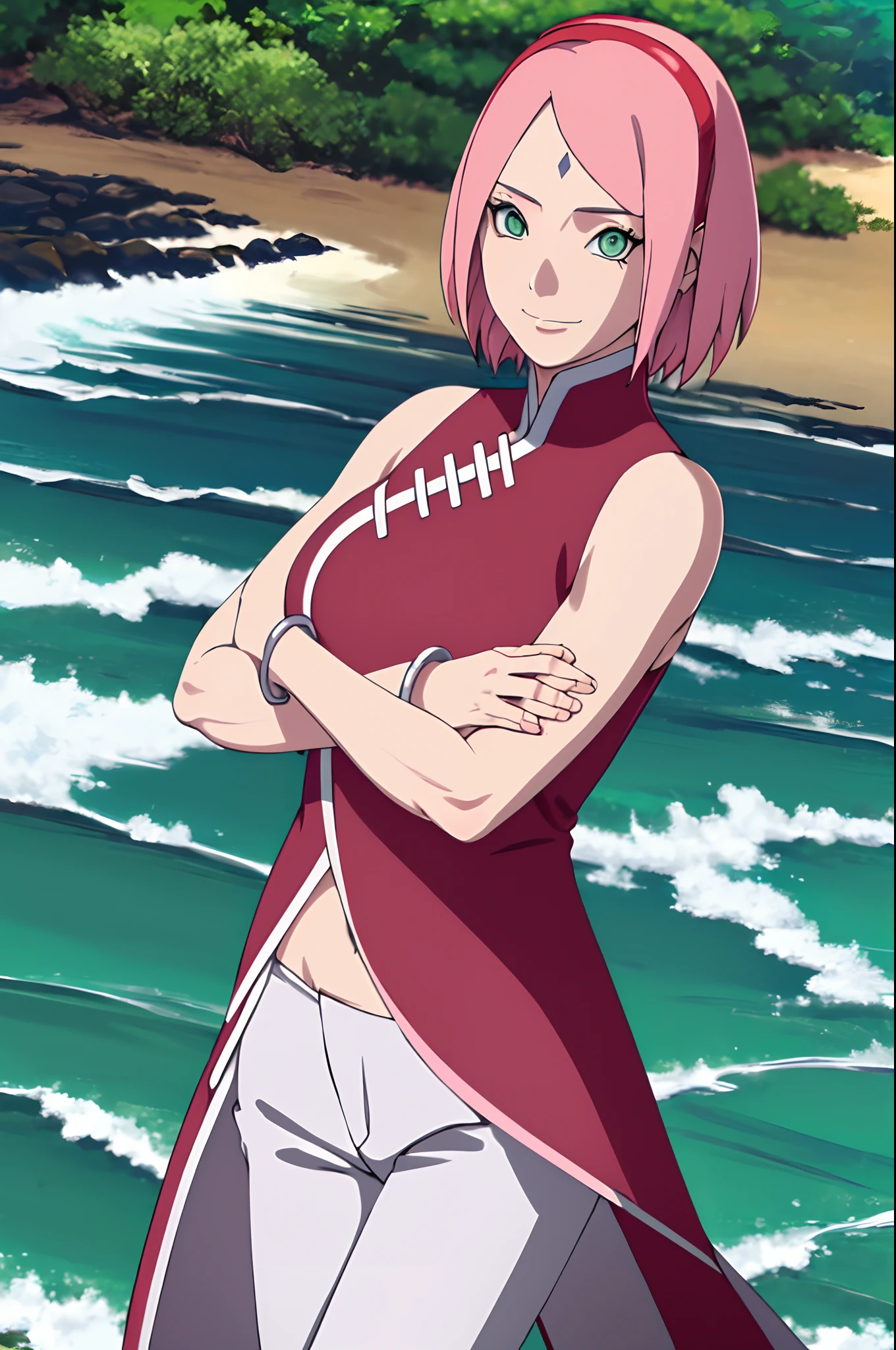 masterpiece, 1k, portrait, face shot, professional artwork, detailed beach background, intricate details, colorful, digital blending, (ultra detailed body, ultra detail hair, ultra detail face), trending on pixiv, kind smile, very hot color, best quality, anime style: 1.9, 1girl, hires, haruno sakura, contrasty lighting, (forehead mark, milf, red hairband, pale skin, short hair, ((red sleeveless dress), white pants), navel, groin, bracelet, looking at viewer, crossed arms, pink hair, green eyes, smile, beach, wind, floating hair, detailed arms, off-shoulders, slightly muscular arms, standing), sunnyday