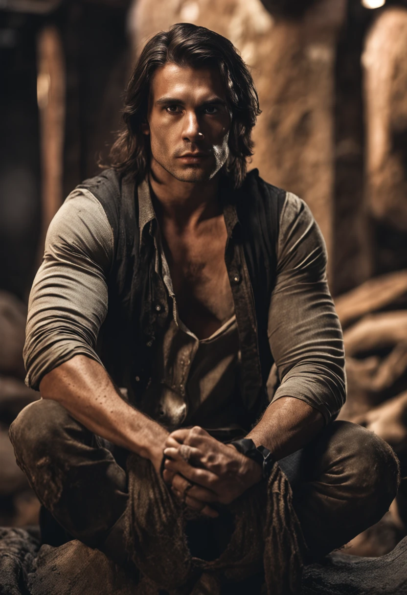 8k realistic image of handsome man, 25 years old, long brown hair, brown eyes, hateful expression, dressed in simple black casual shirt, black bandages wrapped around his arms, standing in a large rustic underground dungeon