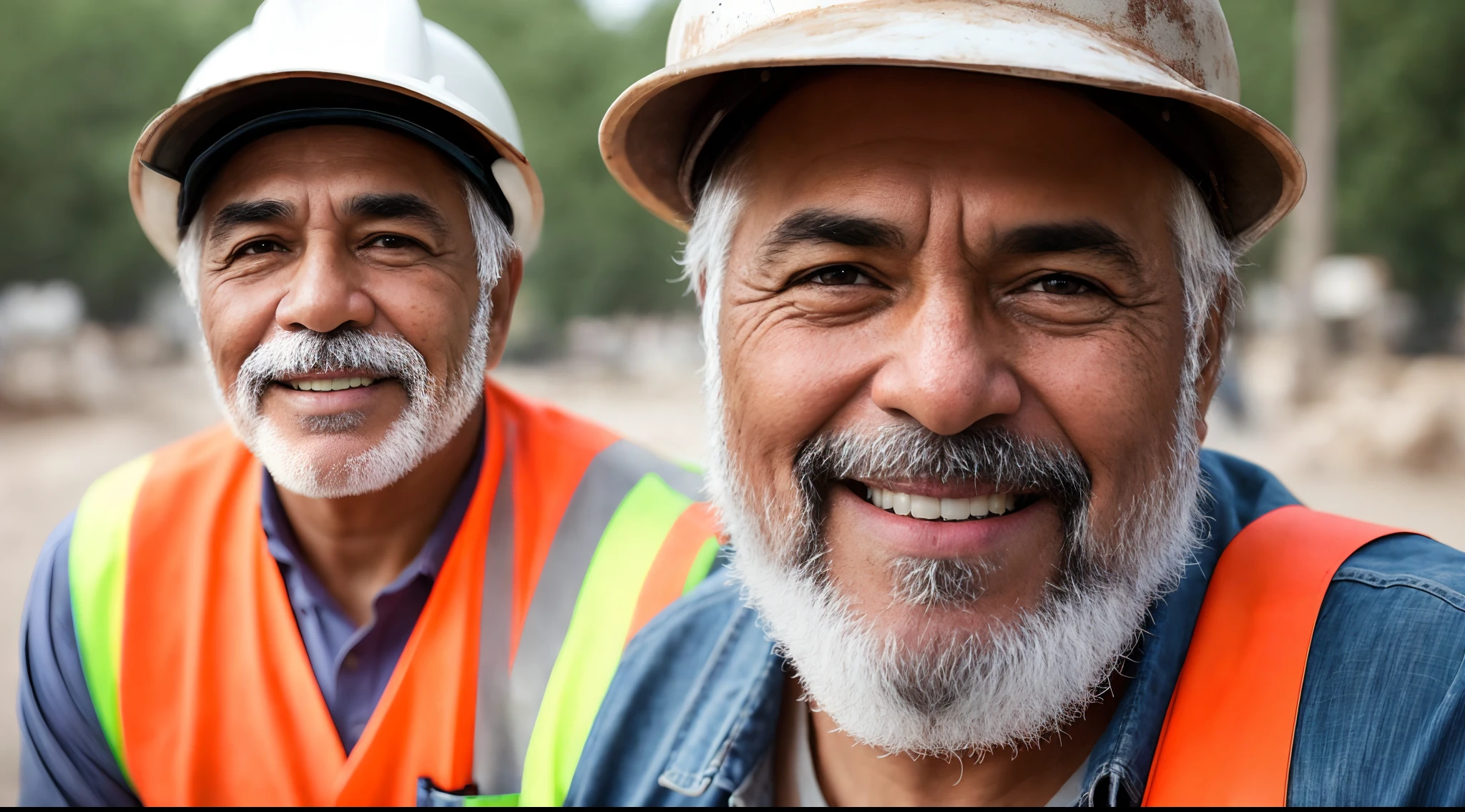 Instagram photo, full body closeup face photo of 58 y.o man Pakistani face, embracing him role as a construction worker, beautiful face, him warm smile contrasting with her rugged attire, portraying strength as a construction worker, Sony A6400 with 16-50mm f/3.5-5.6 lens, balanced outdoor light, lifestyle photography. bokeh, motion blur